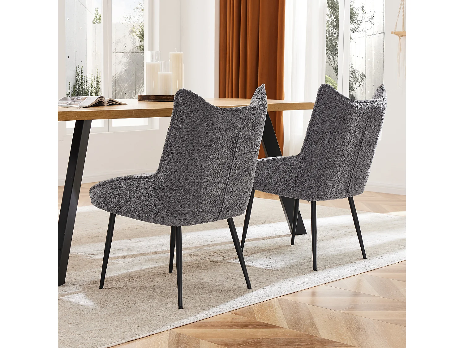 Lot de 2 chaises de salle à manger avec dossier rembourré et pieds en métal noir - Velours Teddy gris