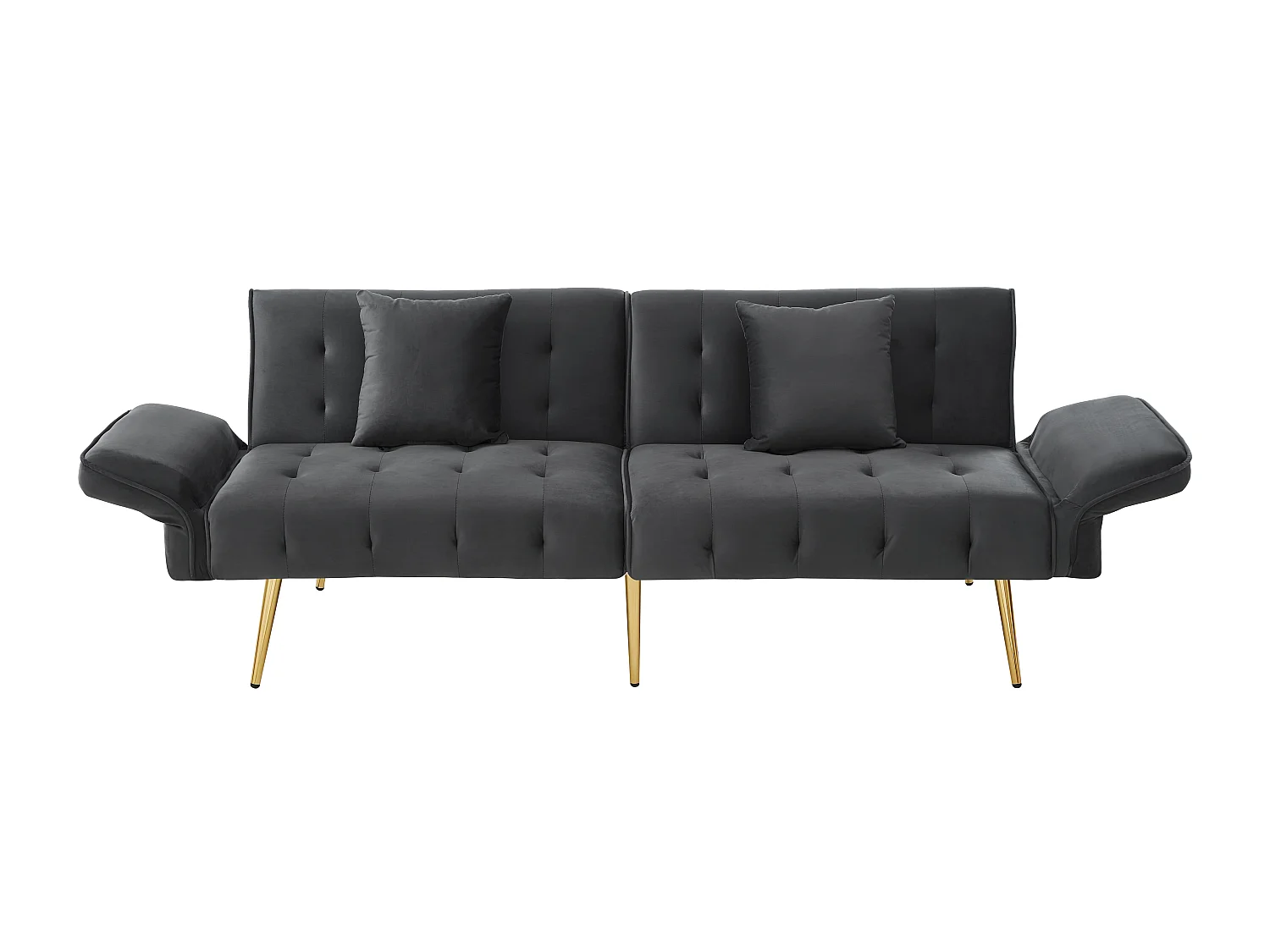 Grijze fluwelen tweezitsbank met verstelbare armleuningen en rugleuning, goudkleurige metalen poten