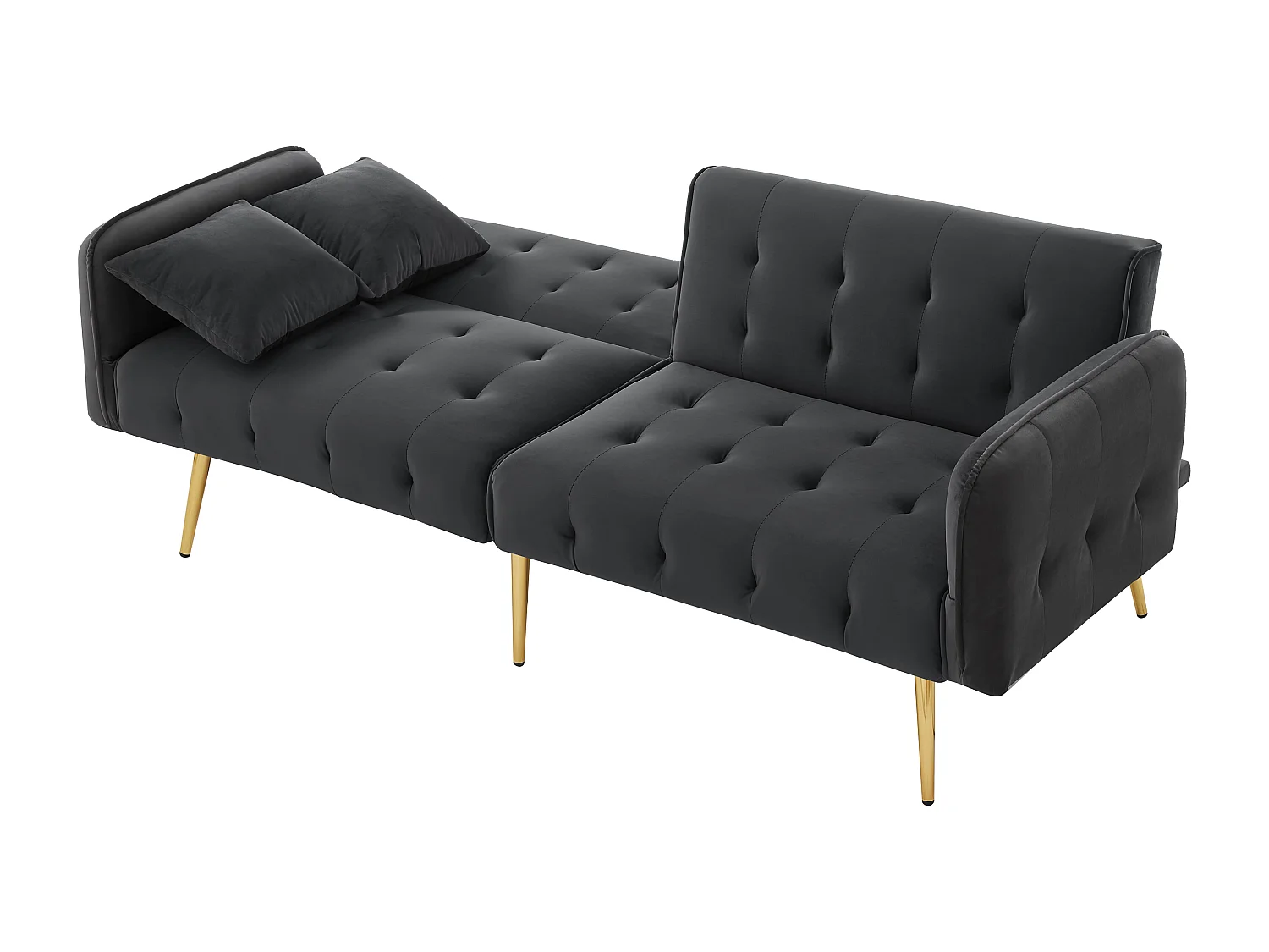 Grijze fluwelen tweezitsbank met verstelbare armleuningen en rugleuning, goudkleurige metalen poten