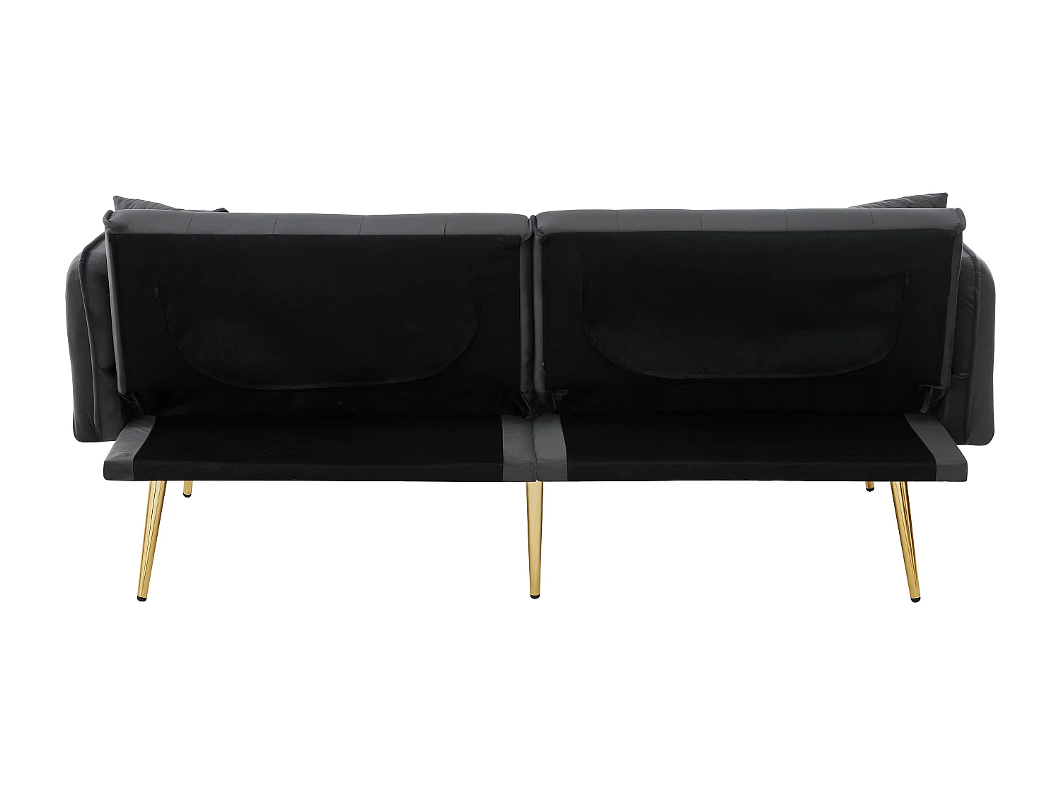 Grijze fluwelen tweezitsbank met verstelbare armleuningen en rugleuning, goudkleurige metalen poten