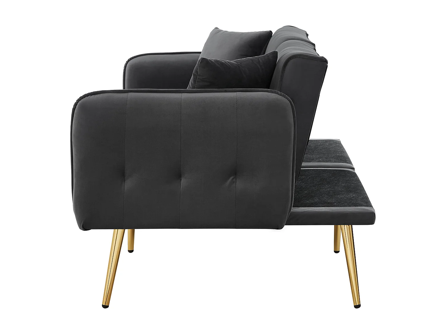 Grijze fluwelen tweezitsbank met verstelbare armleuningen en rugleuning, goudkleurige metalen poten