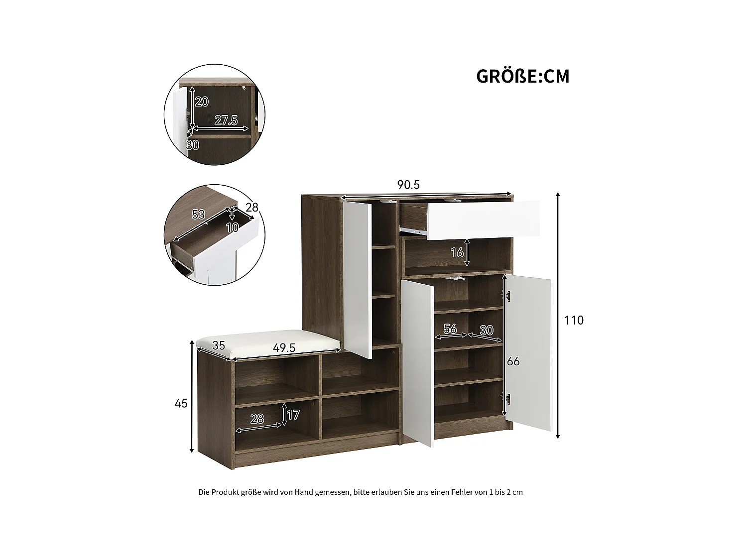 Meuble à chaussures avec banc à chaussures, 3 portes et 1 tiroir, bois et blanc - pour le couloir