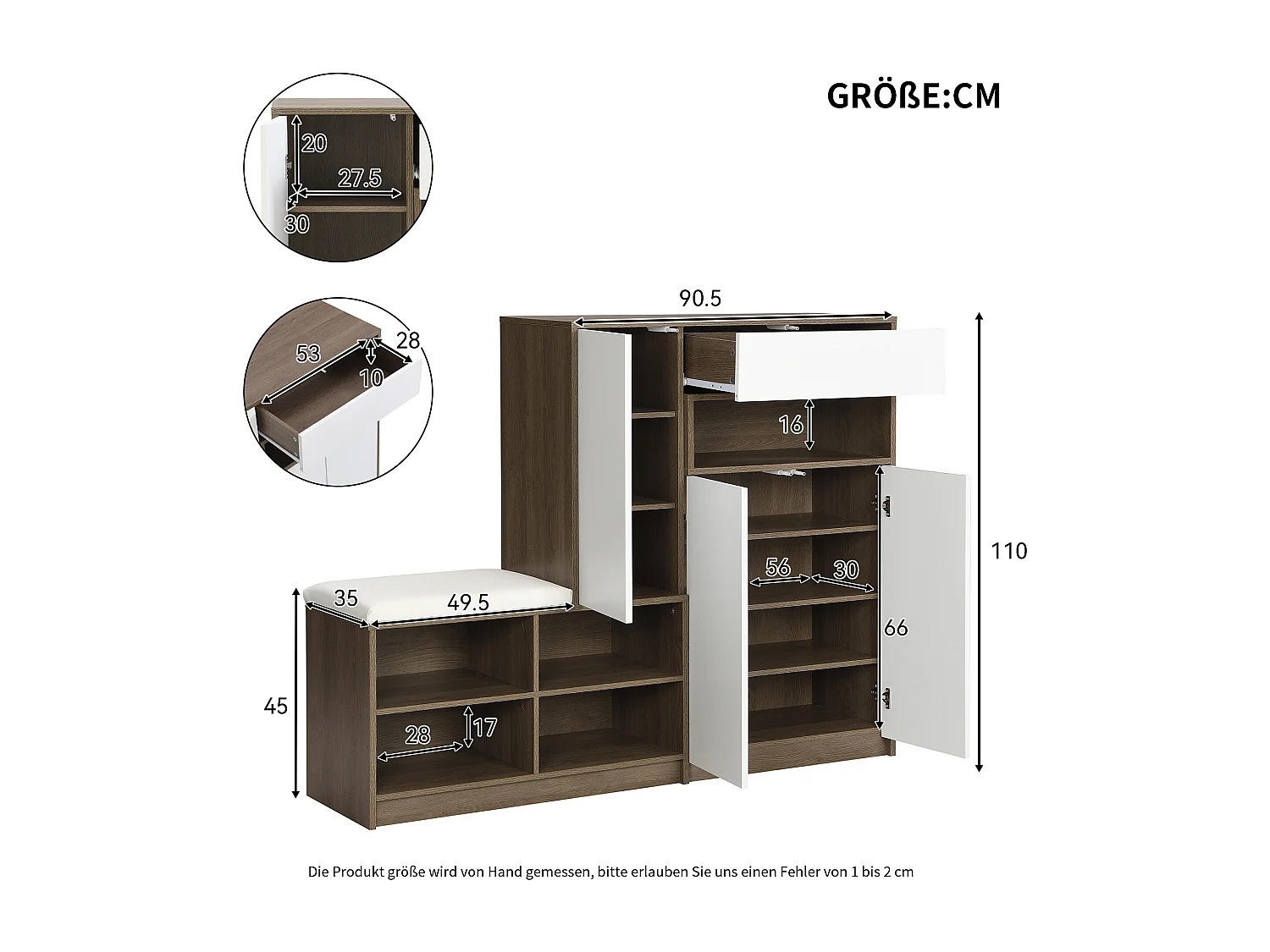 Meuble à chaussures avec banc à chaussures, 3 portes et 1 tiroir, bois et blanc - pour le couloir