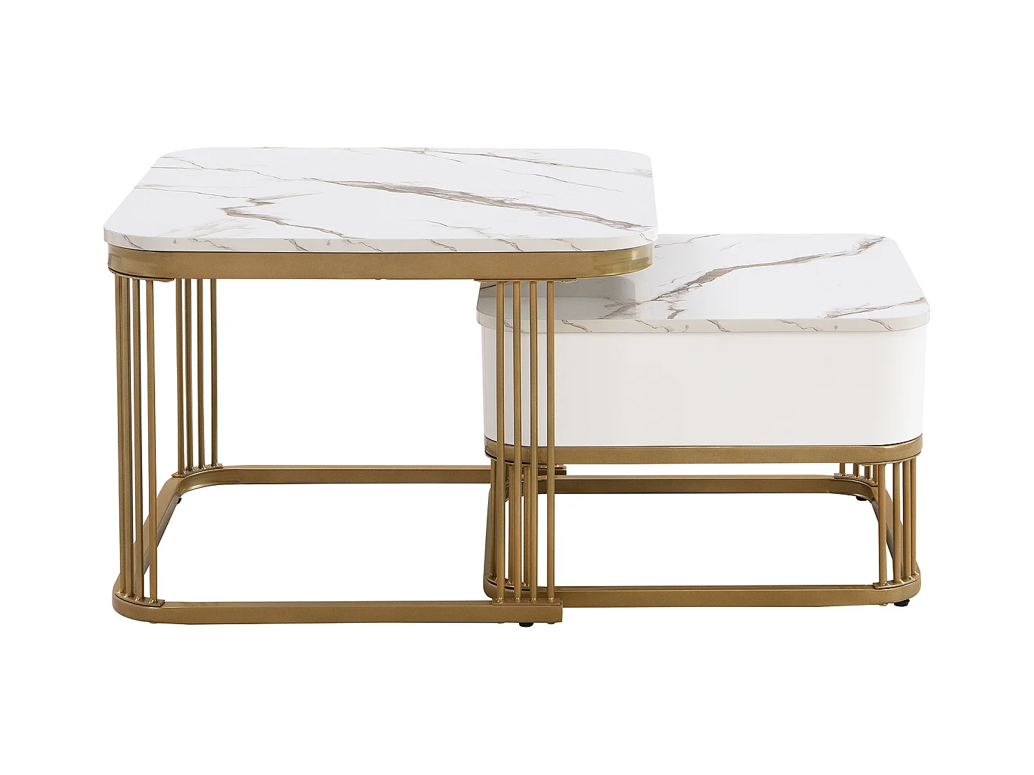 Lot de 2 tables basses avec 1 tiroir, plateau en placage MDF marbre, structure en métal