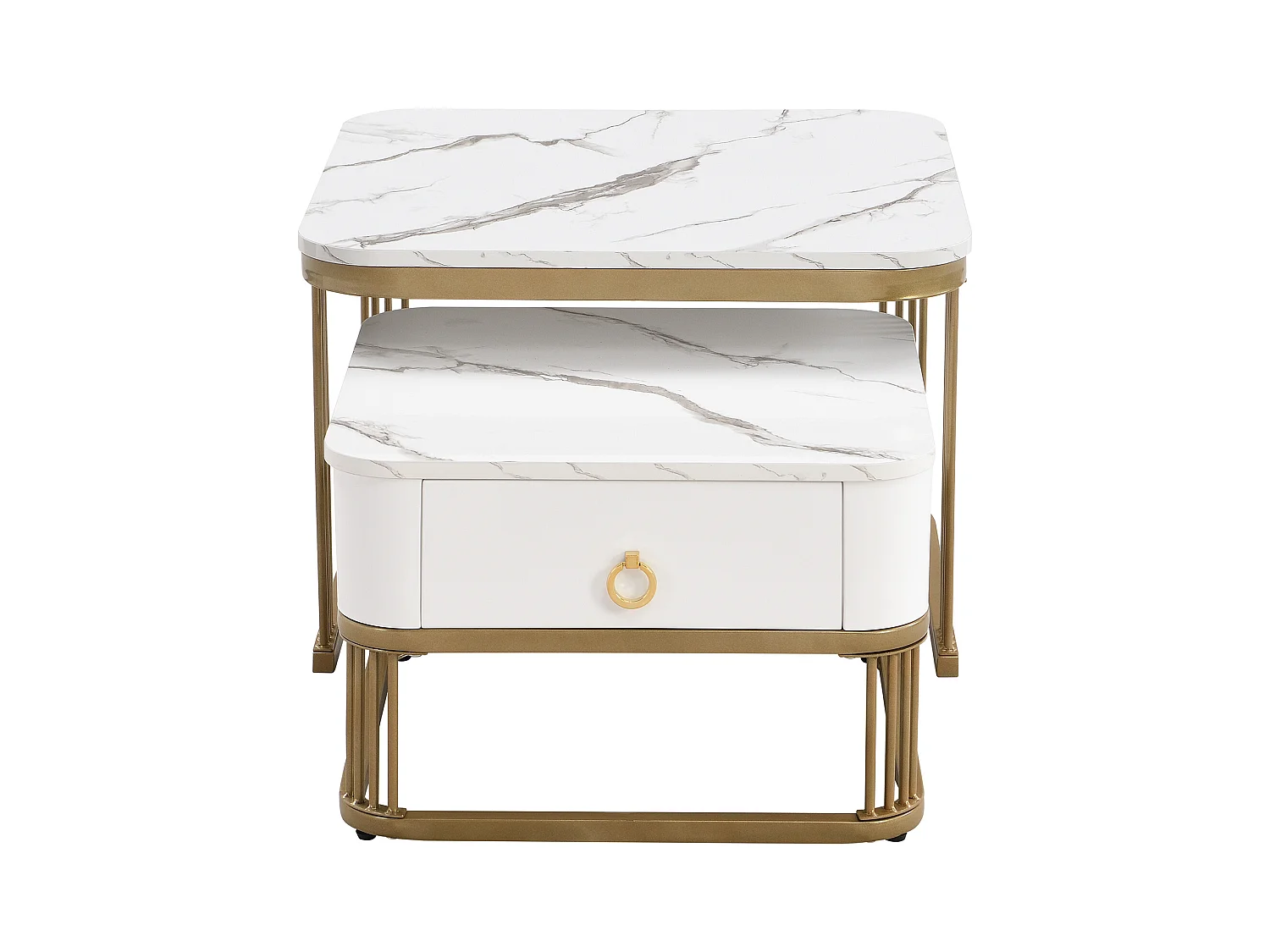 Lot de 2 tables basses avec 1 tiroir, plateau en placage MDF marbre, structure en métal