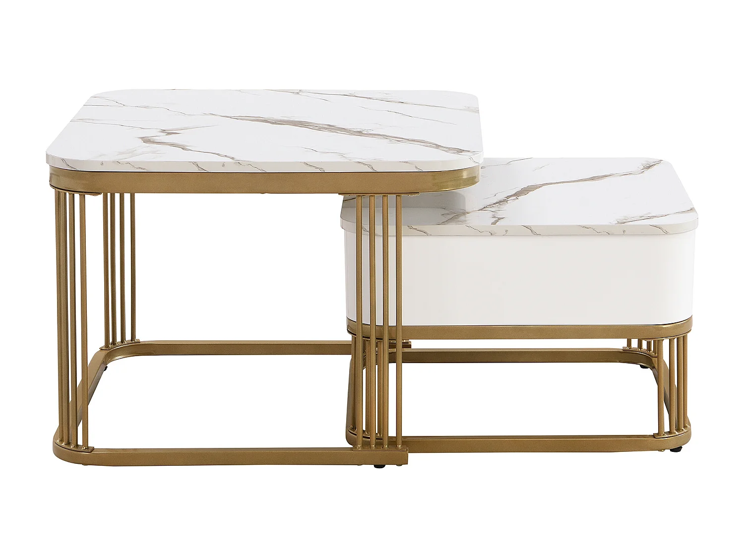 Lot de 2 tables basses avec 1 tiroir, plateau en placage MDF marbre, structure en métal