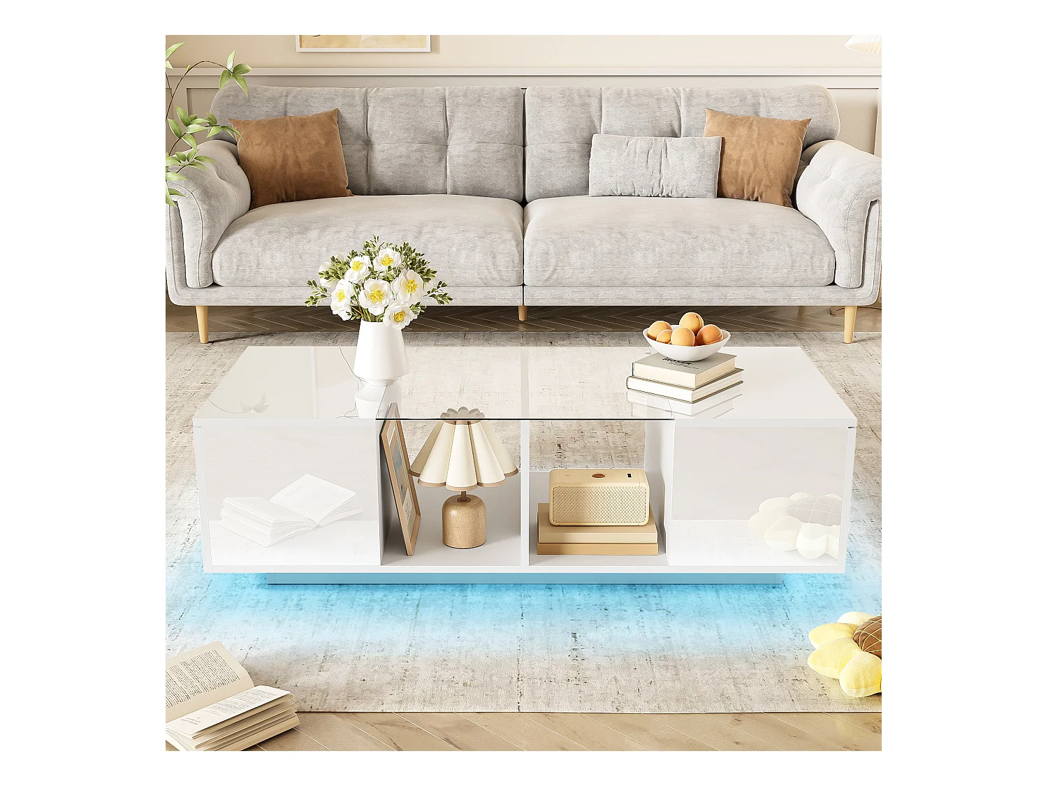 Table basse blanche avec éclairage LED et rangement – pour salon et bureaux