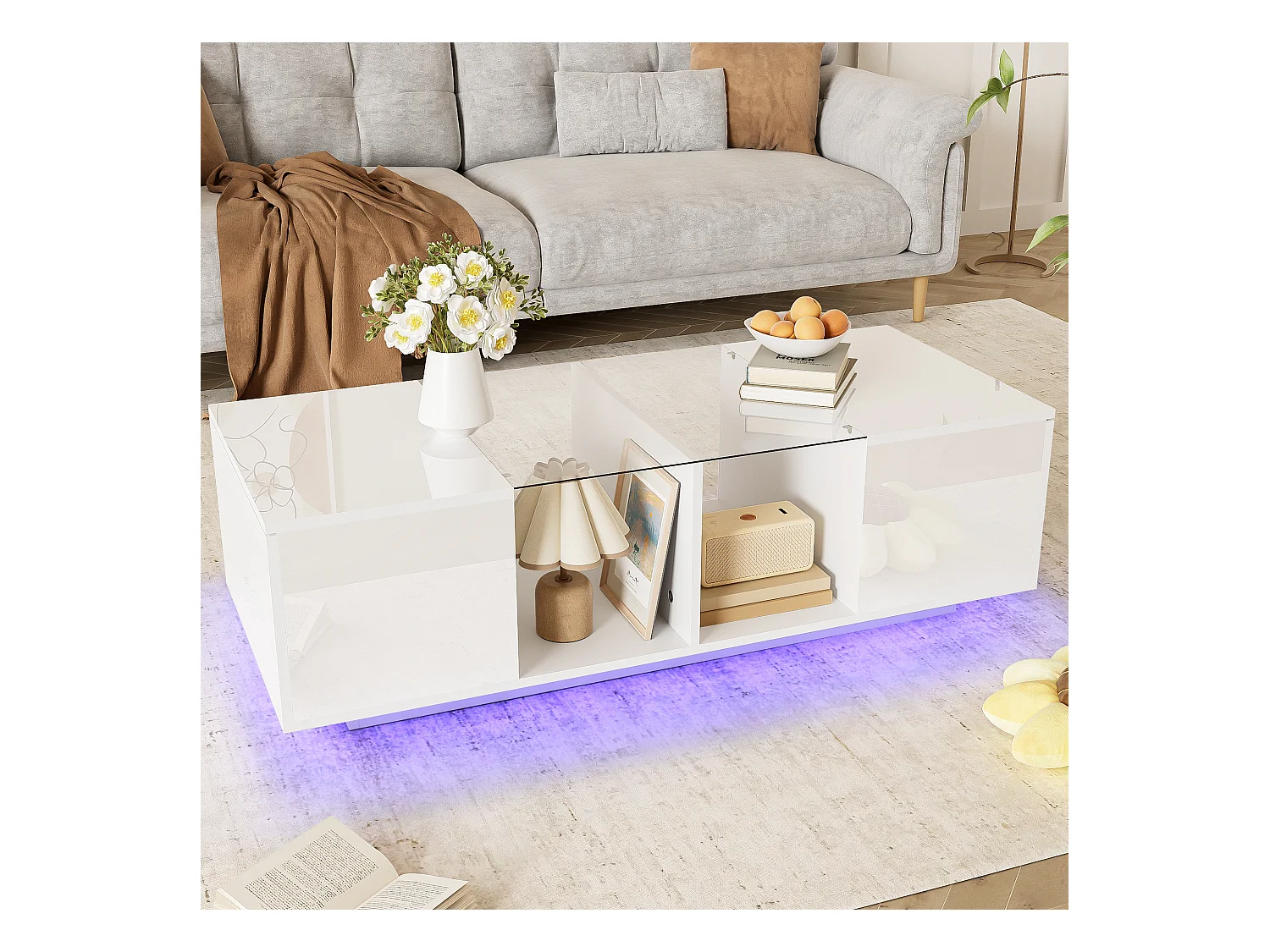 Table basse blanche avec éclairage LED et rangement – pour salon et bureaux