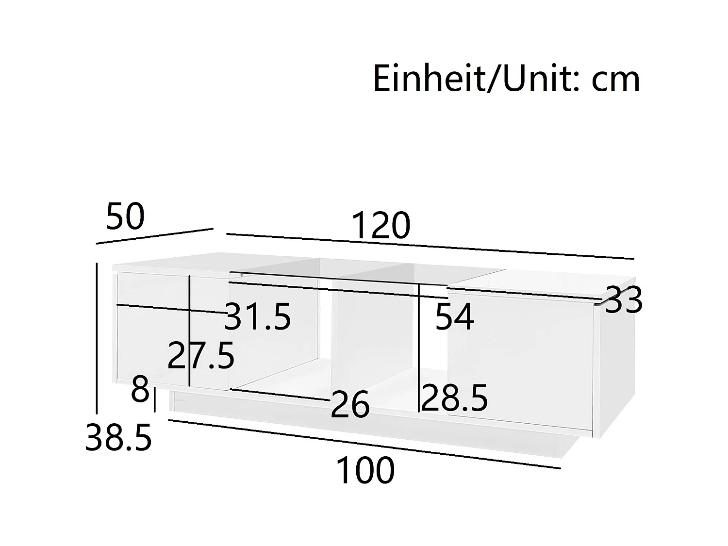 Table basse blanche avec éclairage LED et rangement – pour salon et bureaux