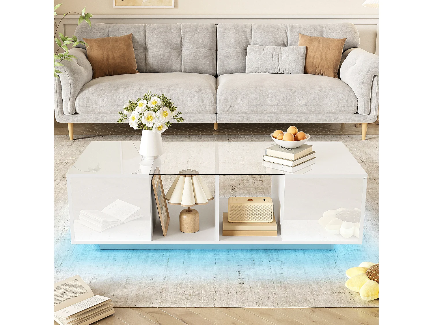 Tavolino bianco con illuminazione a LED e spazio contenitore - adatto a soggiorni e studi