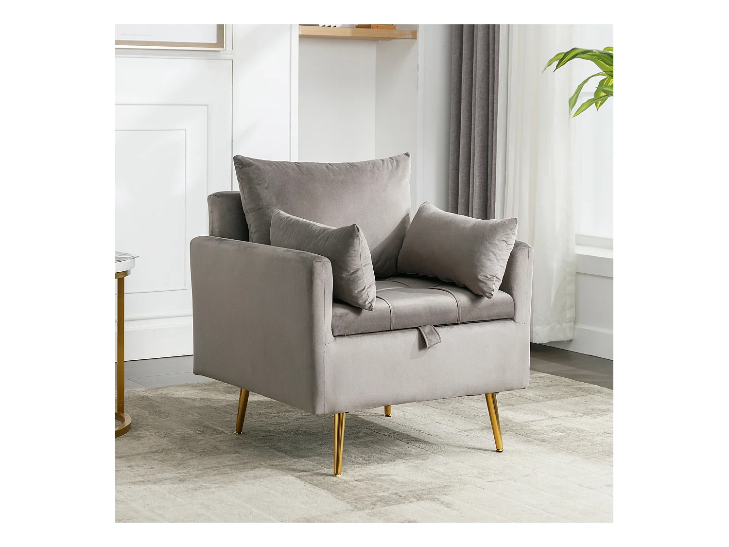 Canapé simple en velours gris avec accoudoirs et rangements, pieds en métal - pour salon et chambre