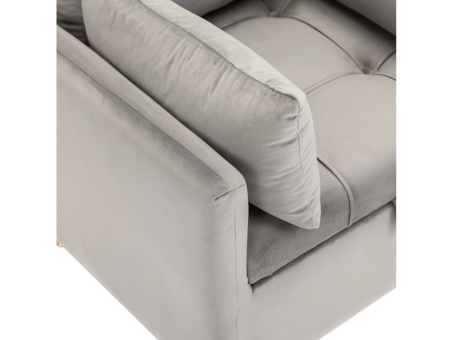 Graues Samt-Einzelsofa mit Armlehnen und Stauraum, Metallbeine – für Wohn- und Schlafzimmer