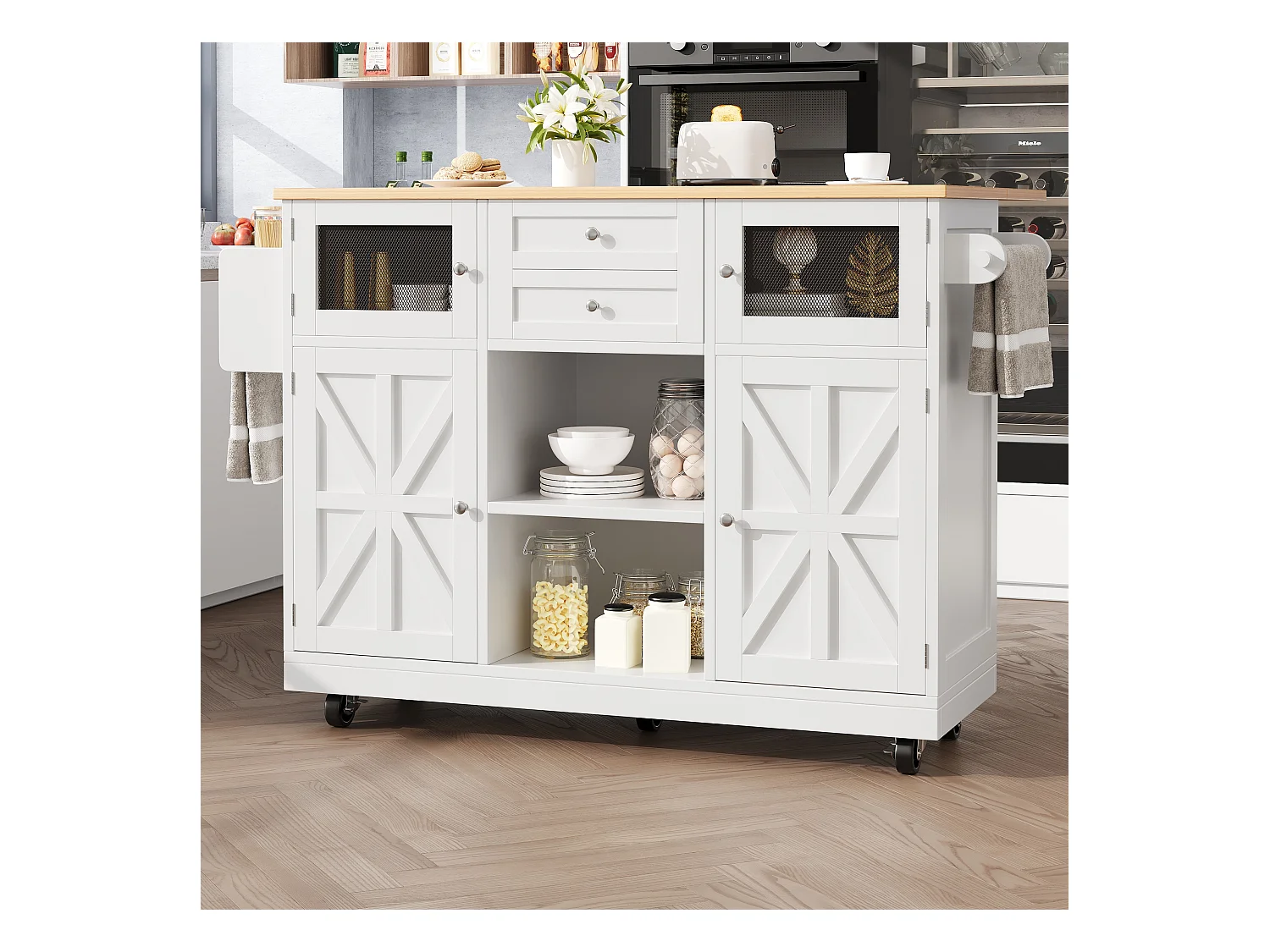 Desserte de cuisine blanc avec plan de travail en bois, porte-serviettes et étagères réglables