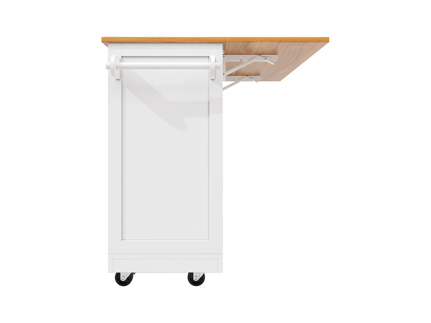 Desserte de cuisine blanc avec plan de travail en bois, porte-serviettes et étagères réglables