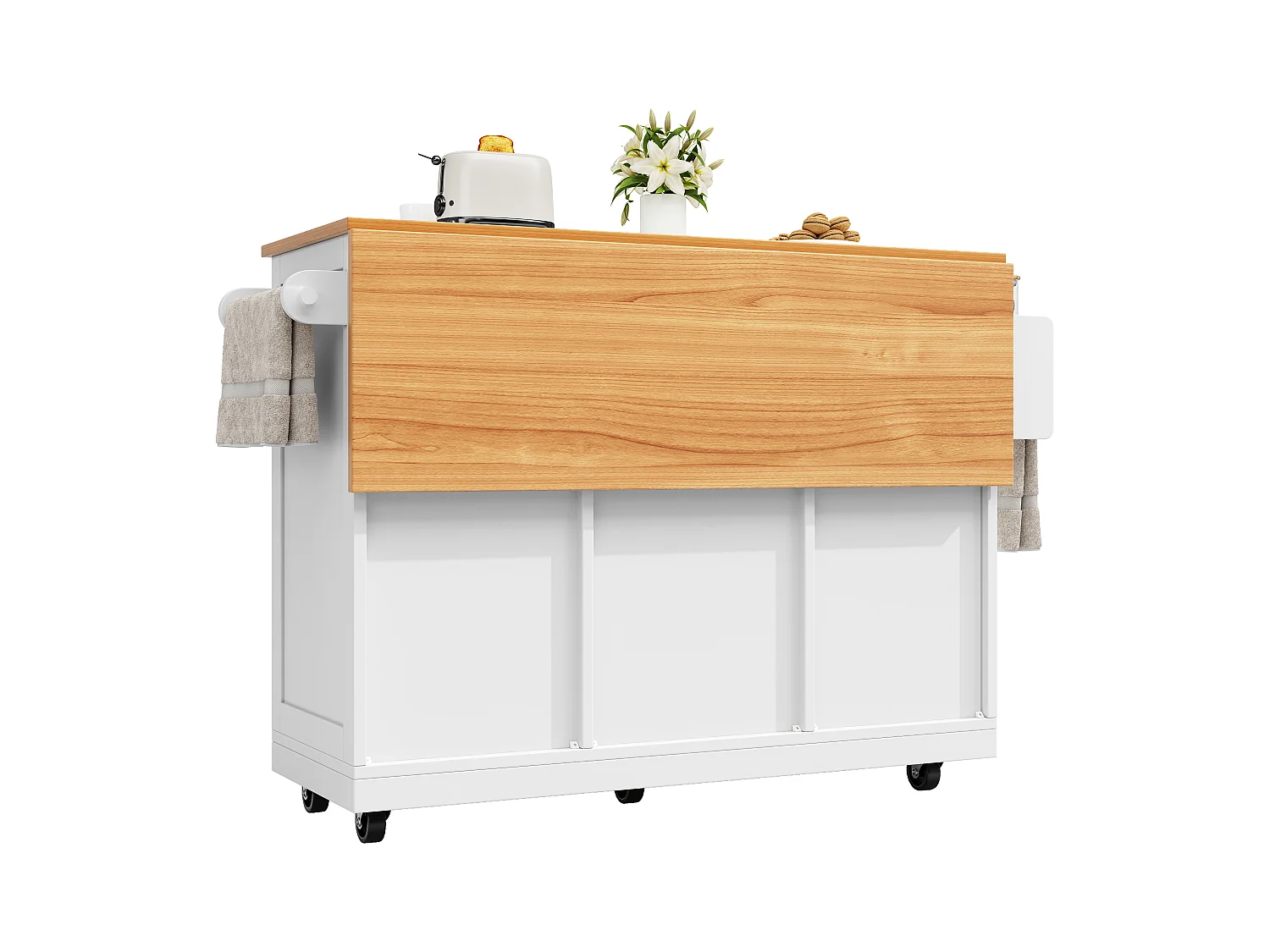 Desserte de cuisine blanc avec plan de travail en bois, porte-serviettes et étagères réglables