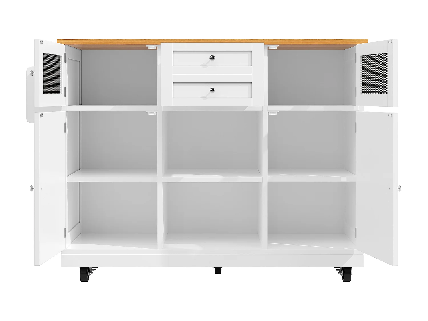 Desserte de cuisine blanc avec plan de travail en bois, porte-serviettes et étagères réglables