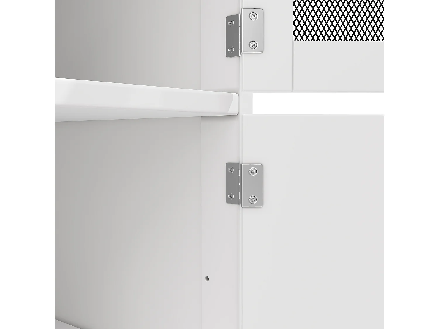 Desserte de cuisine blanc avec plan de travail en bois, porte-serviettes et étagères réglables