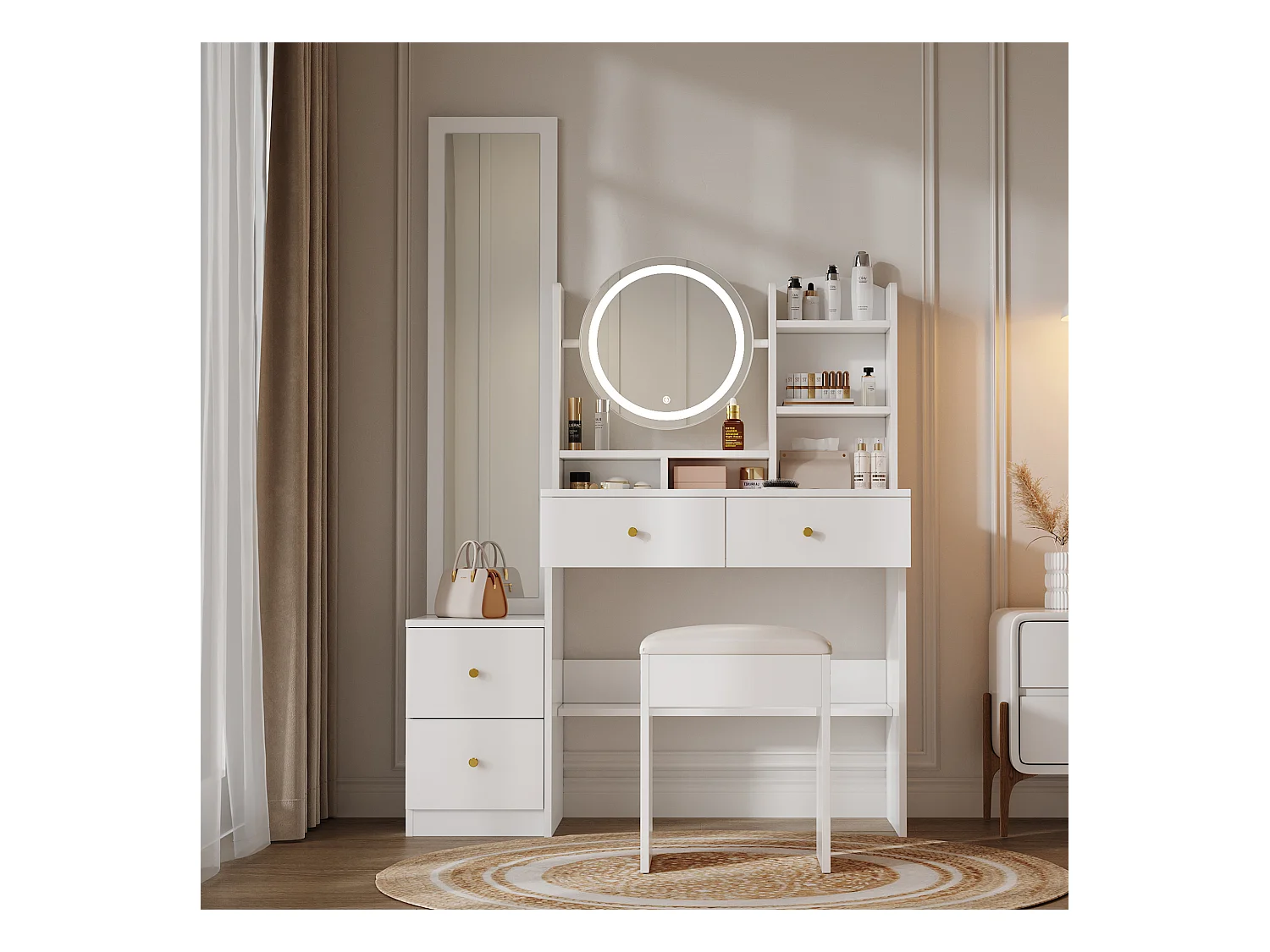 Coiffeuse blanche avec miroir LED, miroir pleine longueur, 4 tiroirs de rangement - tabouret inclus