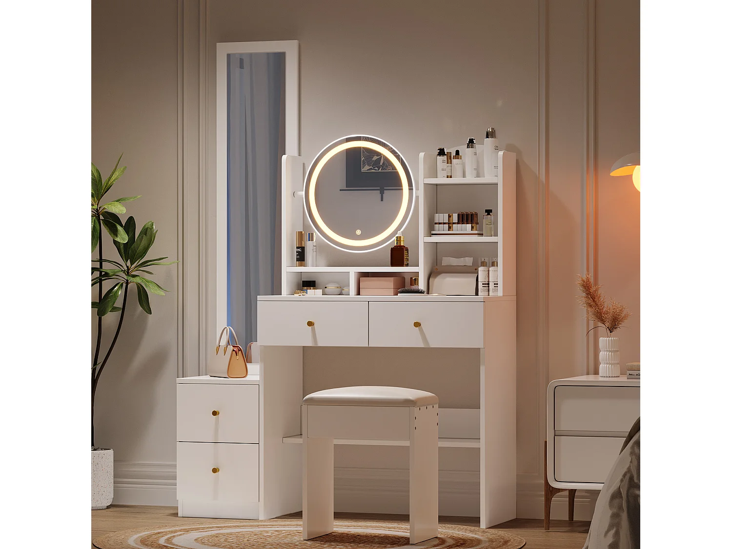 Biała toaletka z lustrem LED, lustro na całej długości, 4 szuflady do przechowywania - w zestawie stołek
