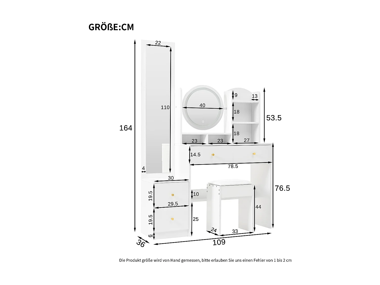 Biała toaletka z lustrem LED, lustro na całej długości, 4 szuflady do przechowywania - w zestawie stołek