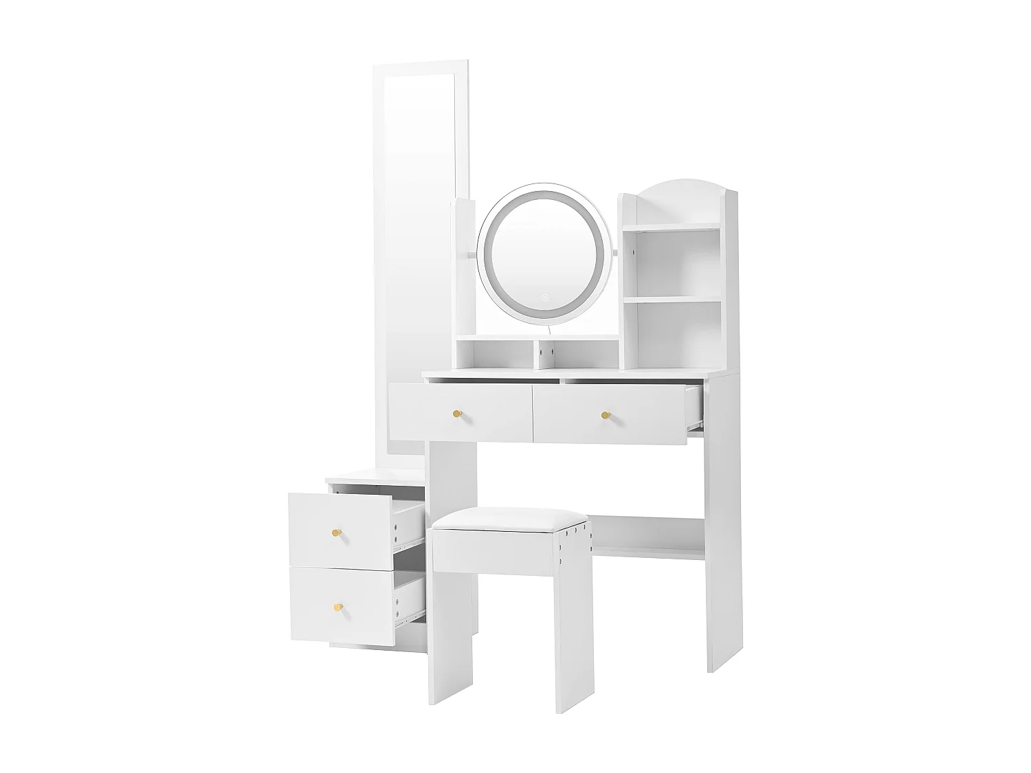 Biała toaletka z lustrem LED, lustro na całej długości, 4 szuflady do przechowywania - w zestawie stołek