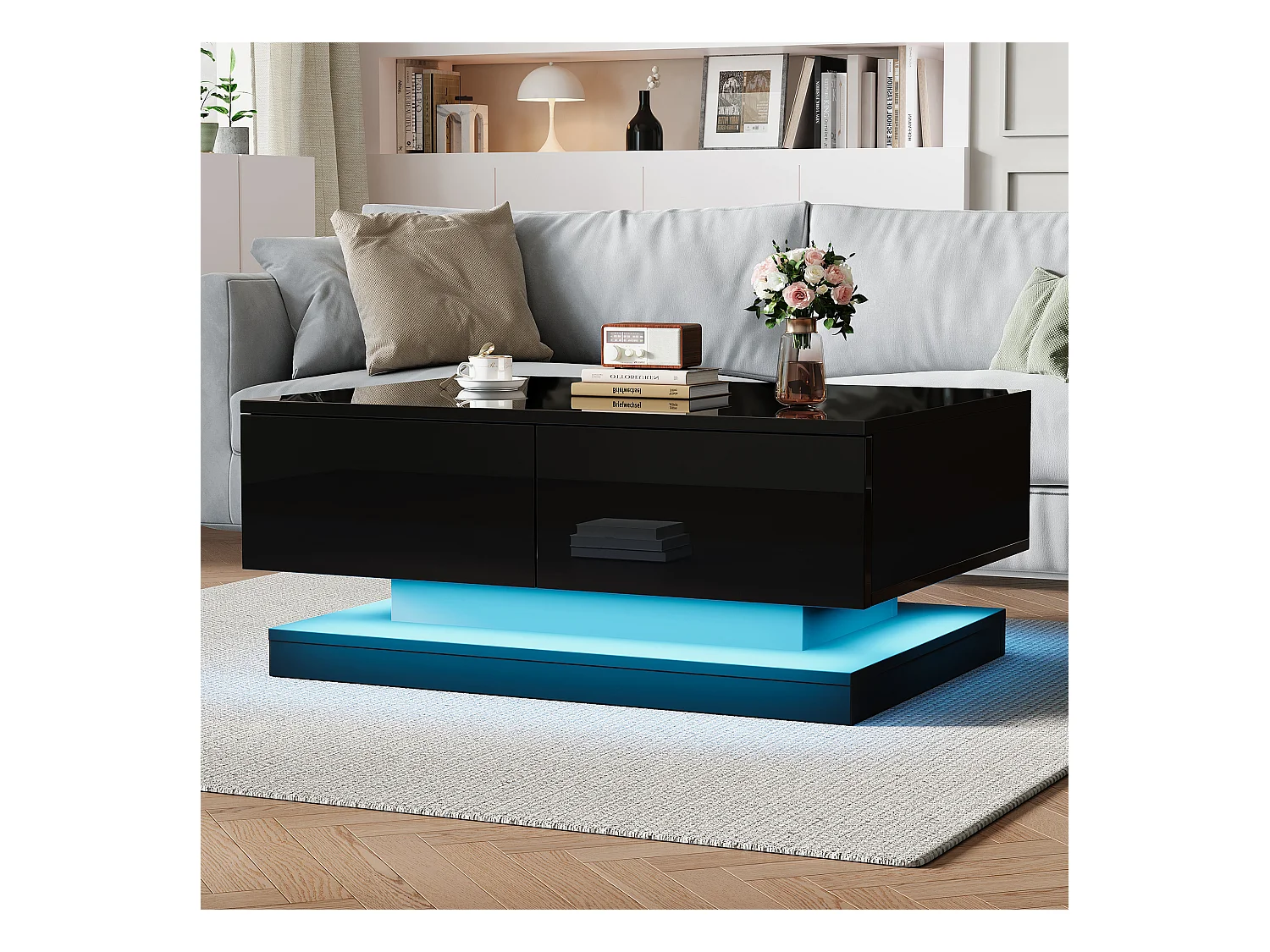 Zwarte salontafel met 2 opbergladen en LED-verlichting - voor woonkamers en kantoren