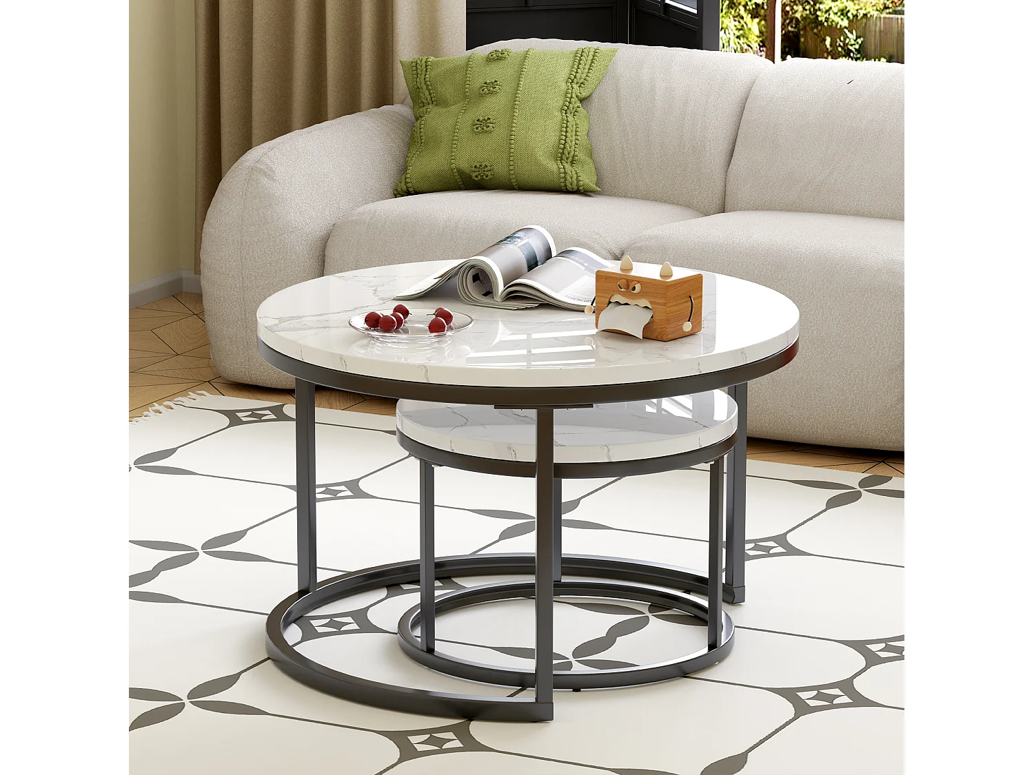Lot de 2 tables basses gigognes rondes avec plateaux effet marbre blanc et structure en métal noir