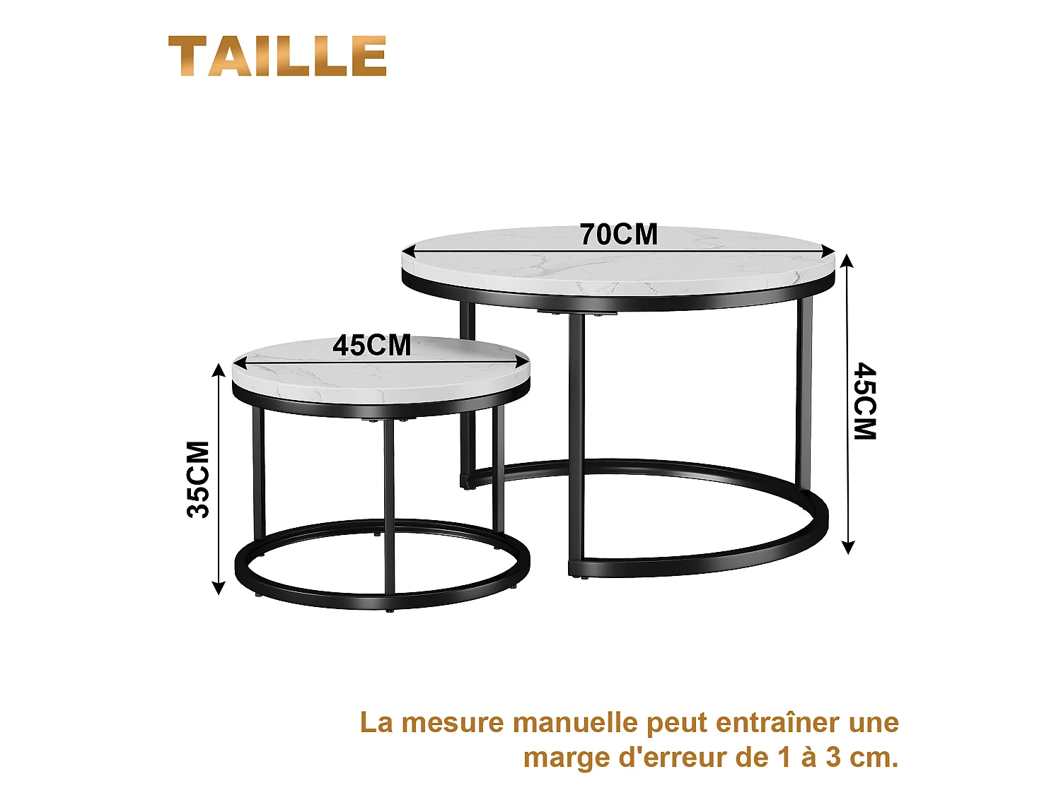 Lot de 2 tables basses gigognes rondes avec plateaux effet marbre blanc et structure en métal noir