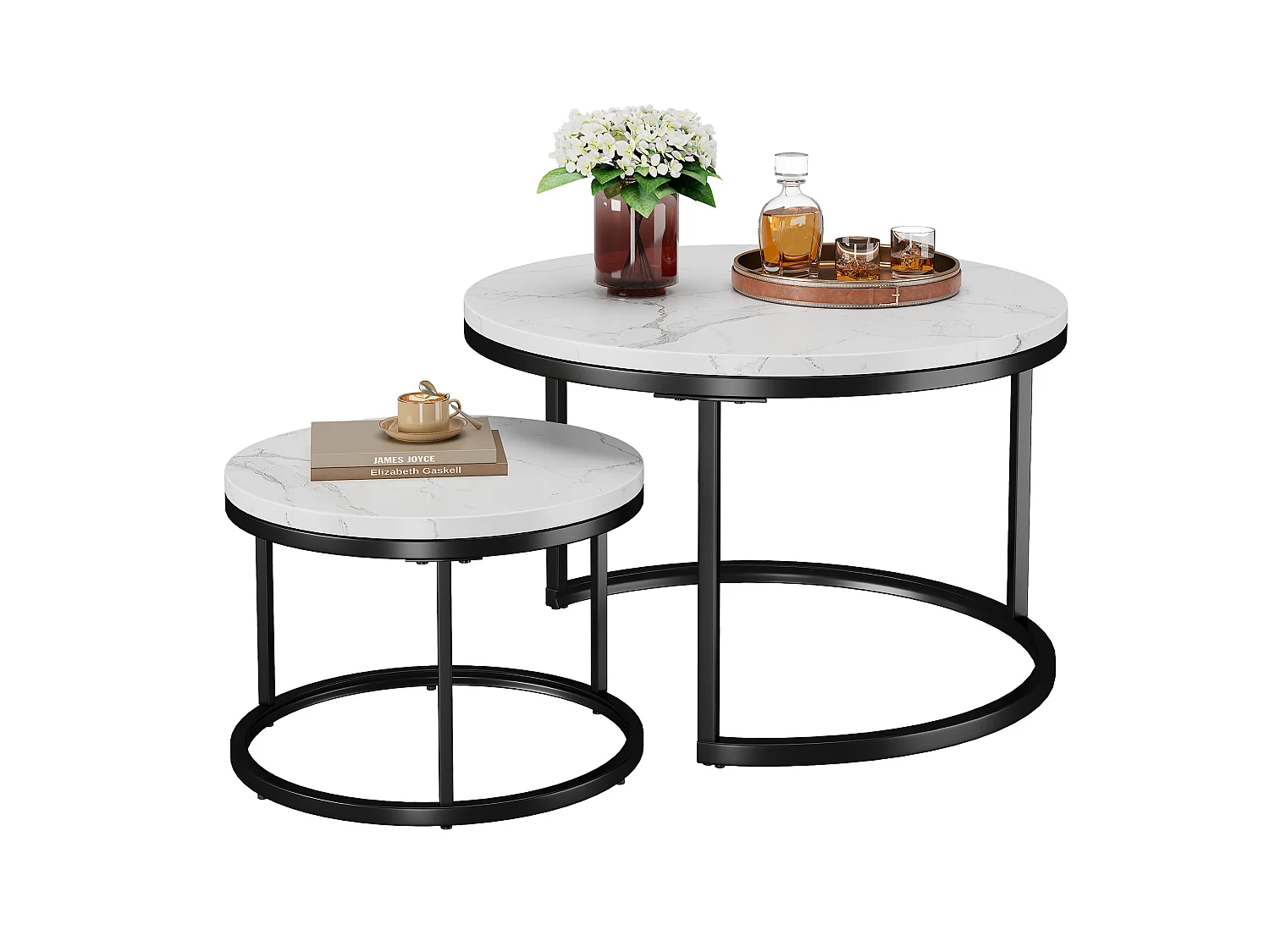 Lot de 2 tables basses gigognes rondes avec plateaux effet marbre blanc et structure en métal noir