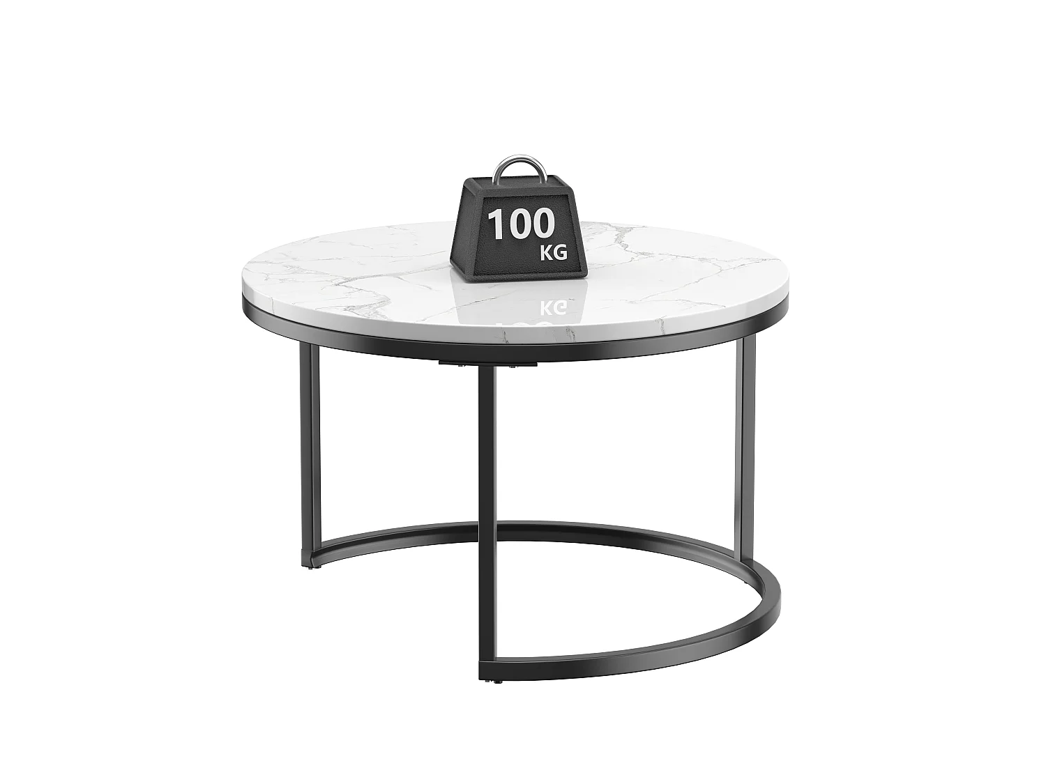 Lot de 2 tables basses gigognes rondes avec plateaux effet marbre blanc et structure en métal noir