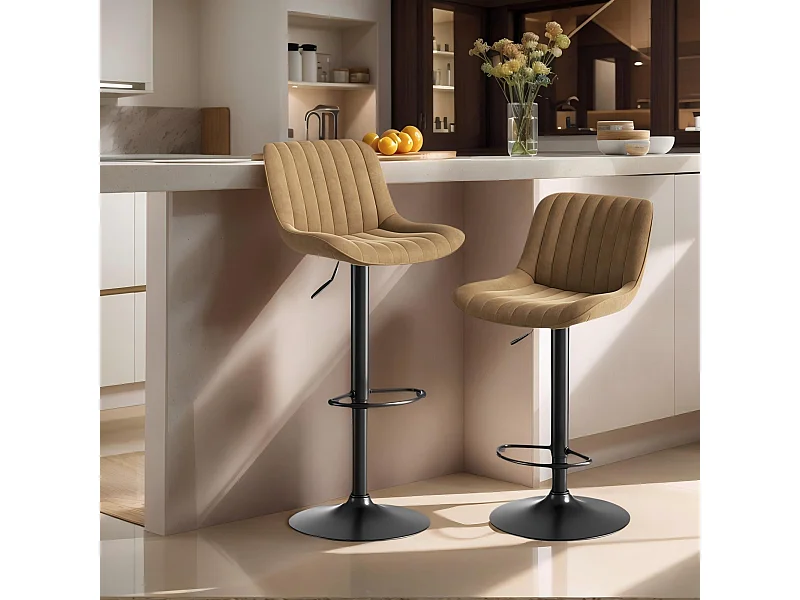 Lot de 2 tabourets de bar en velours marron, pivotants et réglables en hauteur