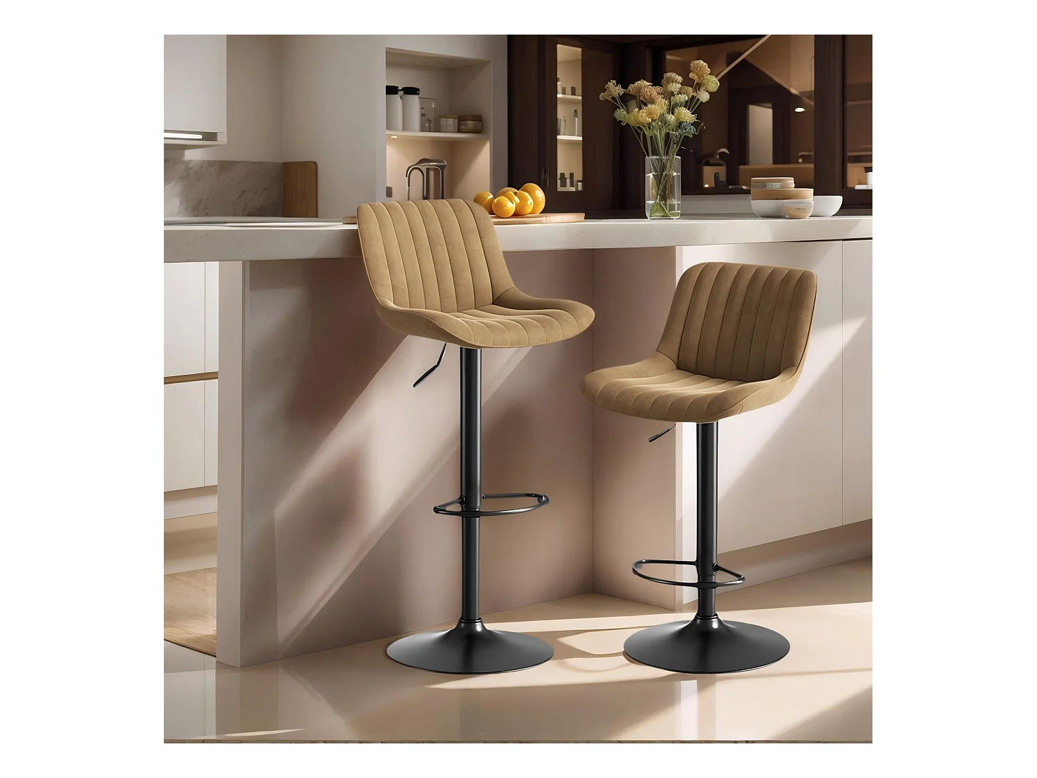 Lot de 2 tabourets de bar en velours marron, pivotants et réglables en hauteur