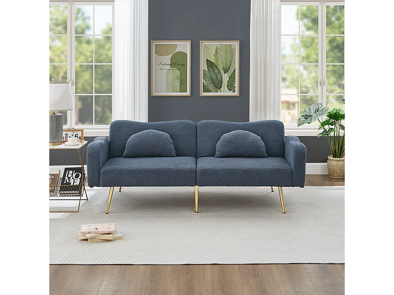 2-zitsbank, blauw pluche, met verstelbare rugleuning, gouden metalen poten - voor woonkamers en kantoren