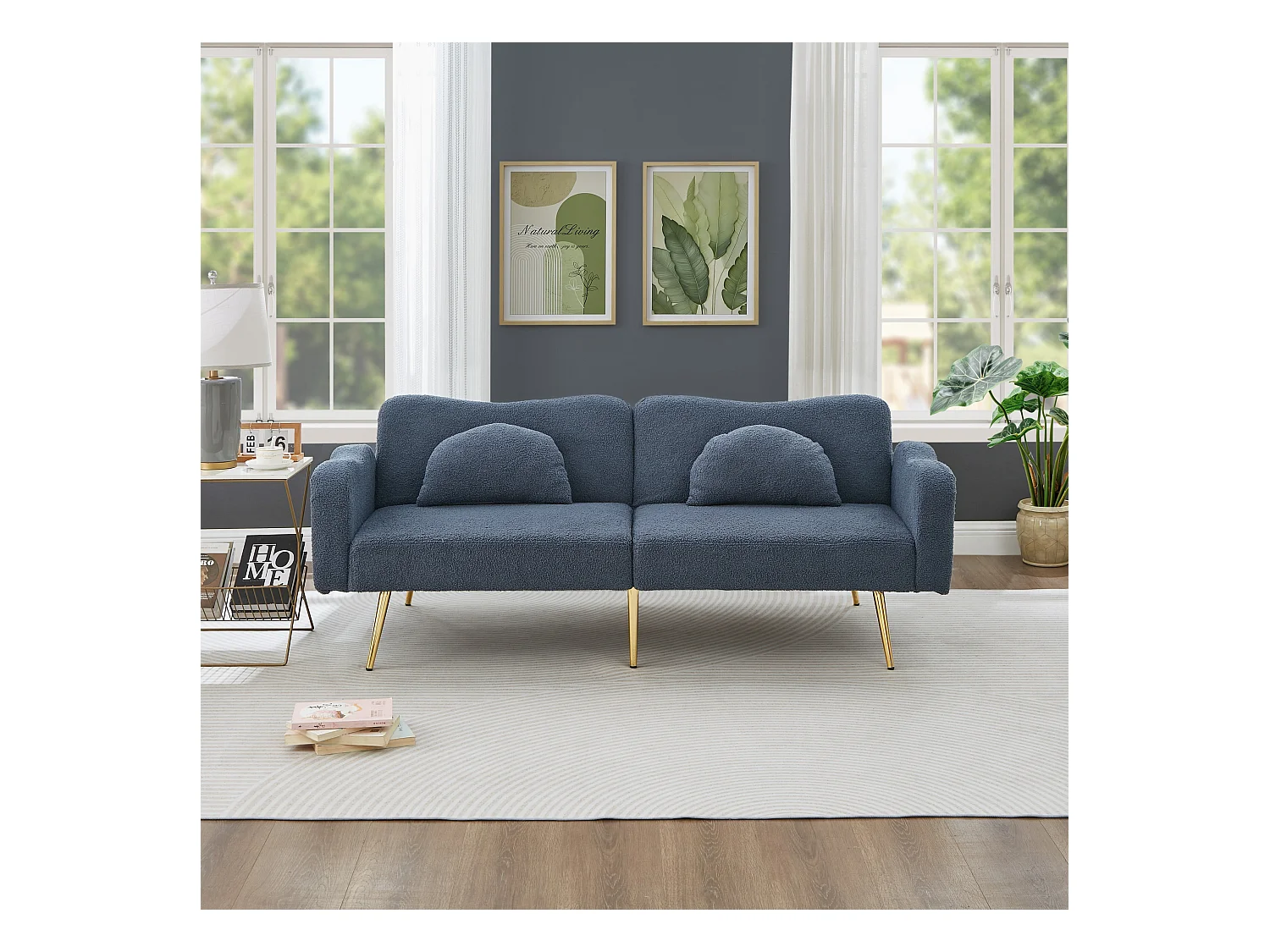 Canapé 2 places, peluche bleu, avec dossier réglable, pieds en métal doré - pour salons et bureaux