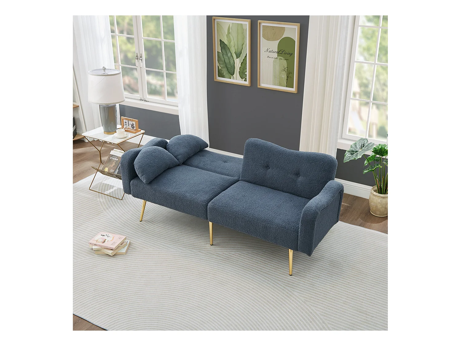 Canapé 2 places, peluche bleu, avec dossier réglable, pieds en métal doré - pour salons et bureaux