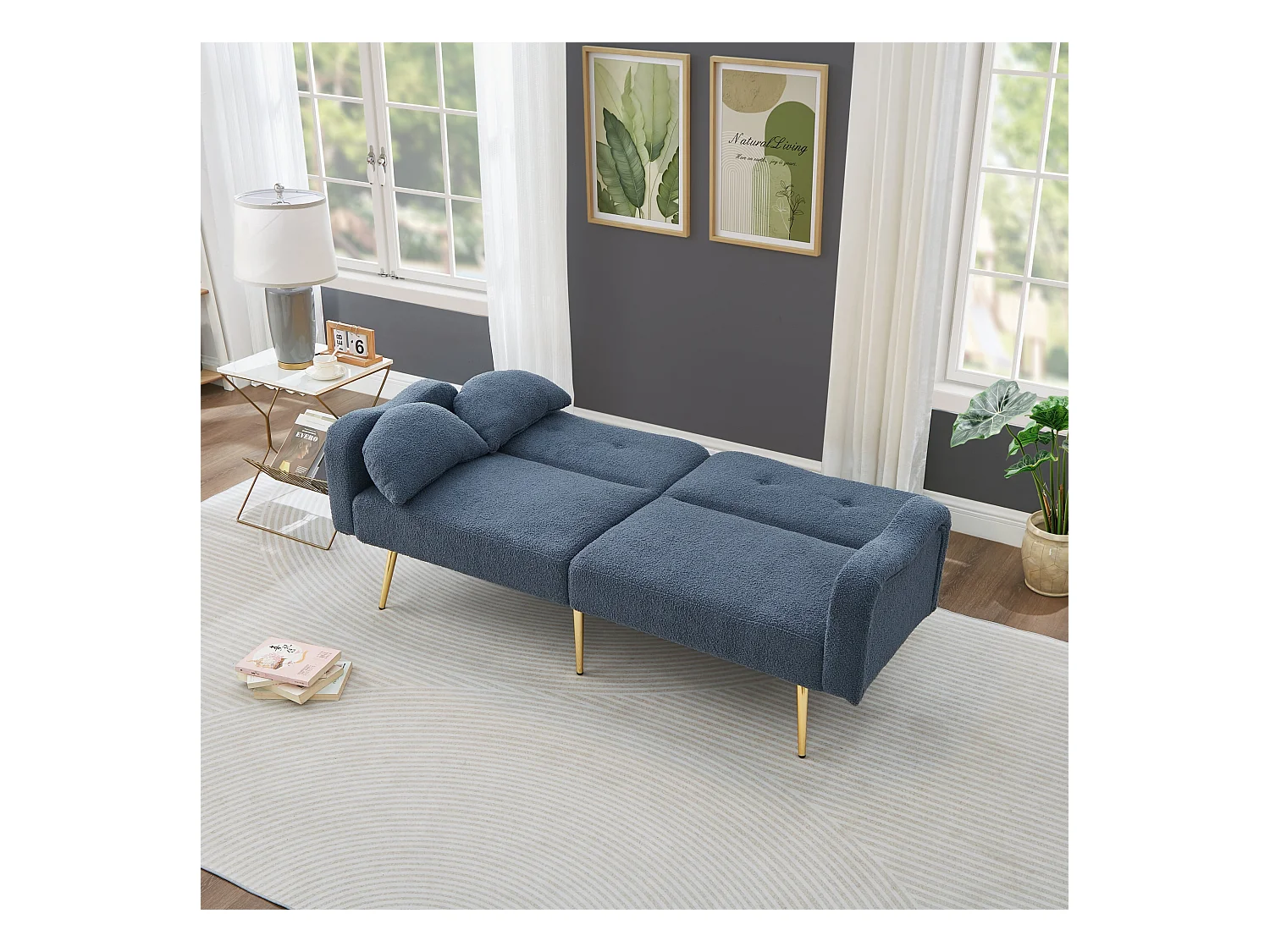 Canapé 2 places, peluche bleu, avec dossier réglable, pieds en métal doré - pour salons et bureaux