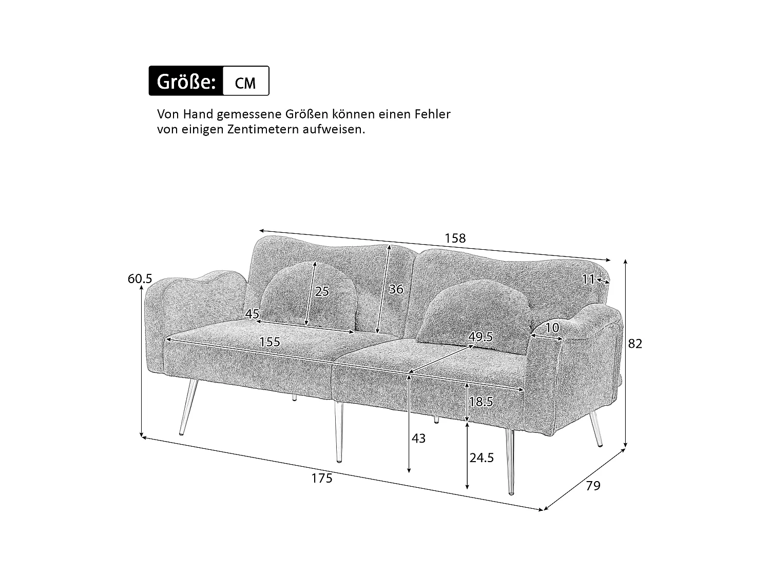 Canapé 2 places, peluche bleu, avec dossier réglable, pieds en métal doré - pour salons et bureaux