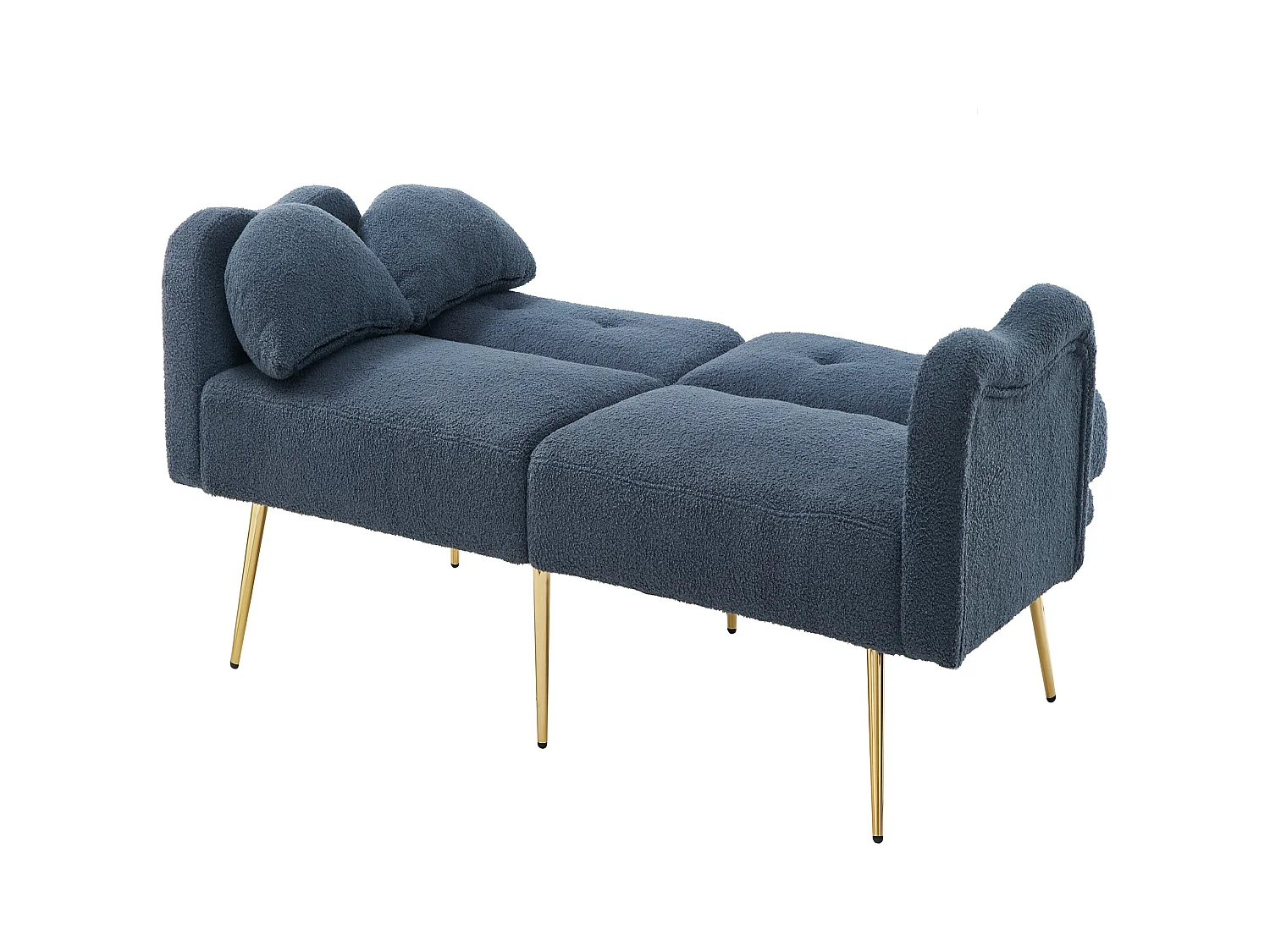 Canapé 2 places, peluche bleu, avec dossier réglable, pieds en métal doré - pour salons et bureaux