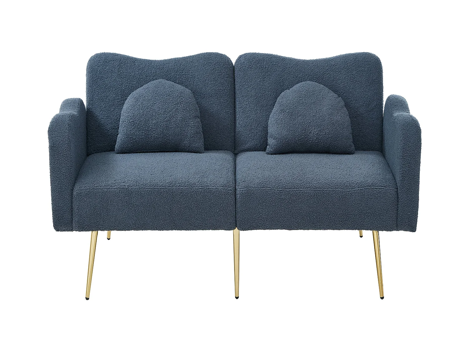 Canapé 2 places, peluche bleu, avec dossier réglable, pieds en métal doré - pour salons et bureaux