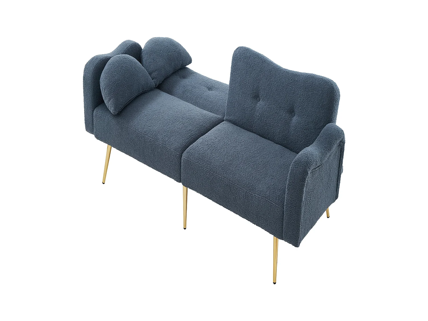 Canapé 2 places, peluche bleu, avec dossier réglable, pieds en métal doré - pour salons et bureaux