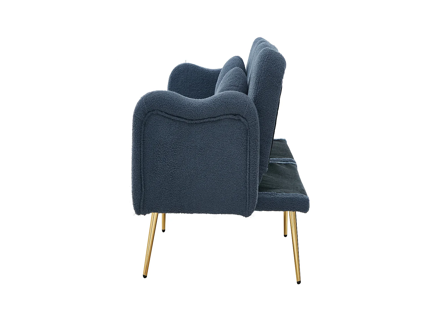 Canapé 2 places, peluche bleu, avec dossier réglable, pieds en métal doré - pour salons et bureaux