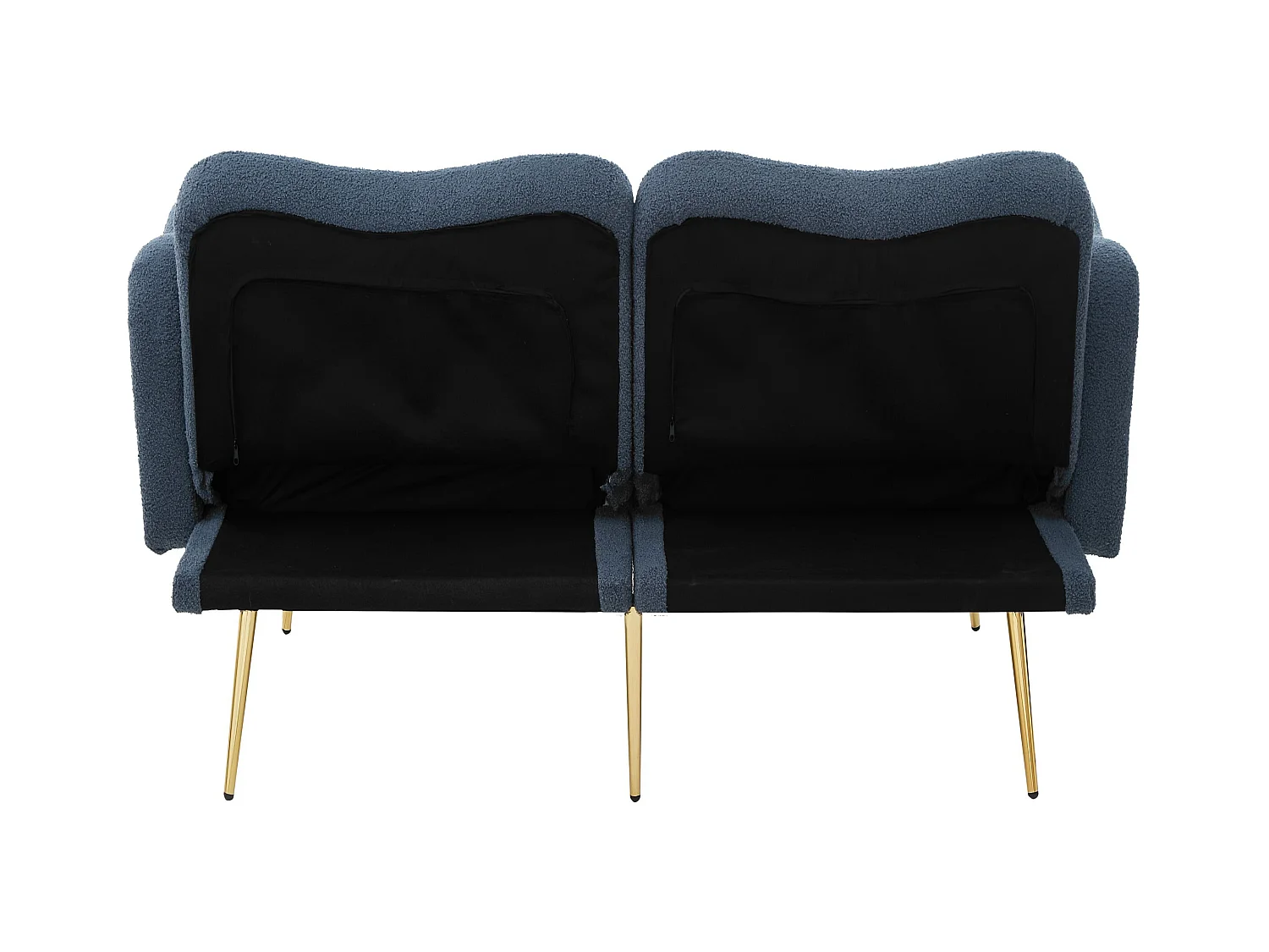 Canapé 2 places, peluche bleu, avec dossier réglable, pieds en métal doré - pour salons et bureaux