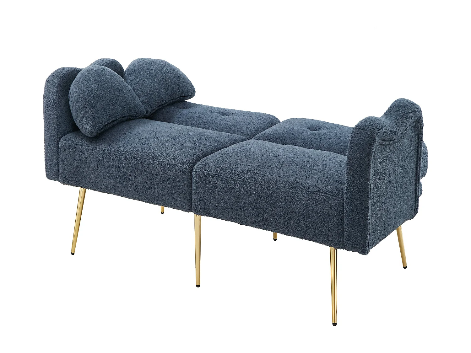 2-Sitzer-Sofa, blauer Plüsch, mit verstellbarer Rückenlehne, goldene Metallbeine – für Wohnzimmer und Büros