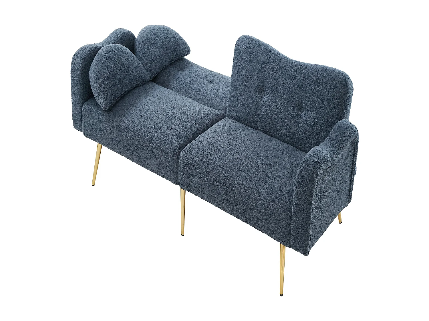 2-Sitzer-Sofa, blauer Plüsch, mit verstellbarer Rückenlehne, goldene Metallbeine – für Wohnzimmer und Büros