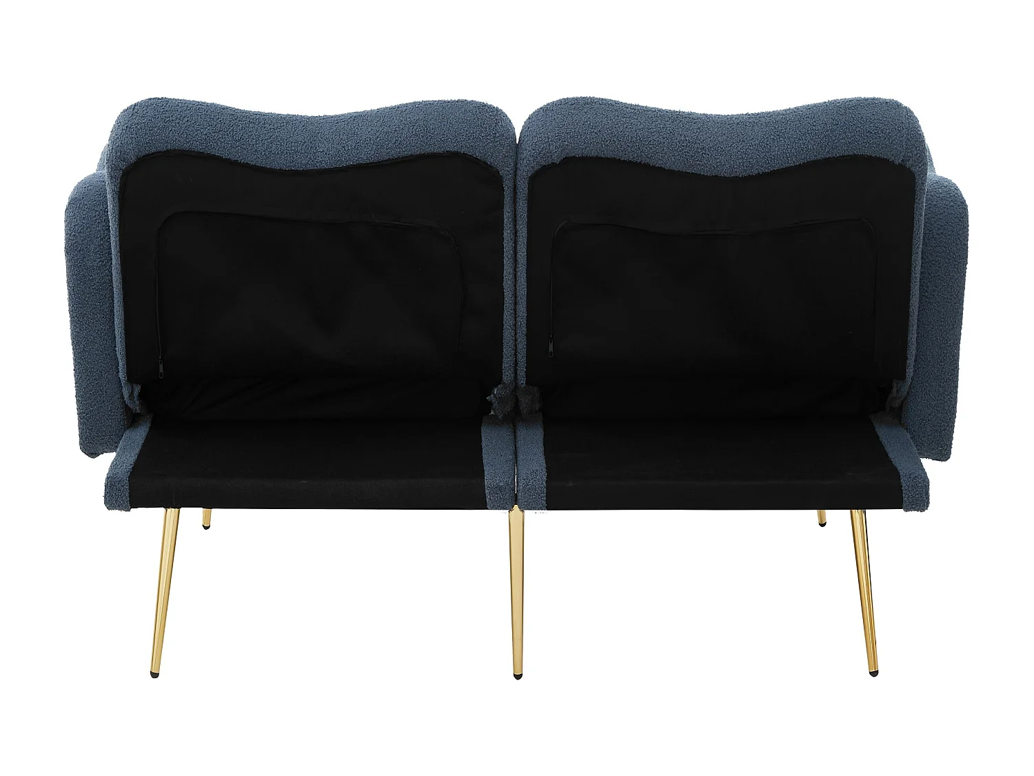 2-Sitzer-Sofa, blauer Plüsch, mit verstellbarer Rückenlehne, goldene Metallbeine – für Wohnzimmer und Büros