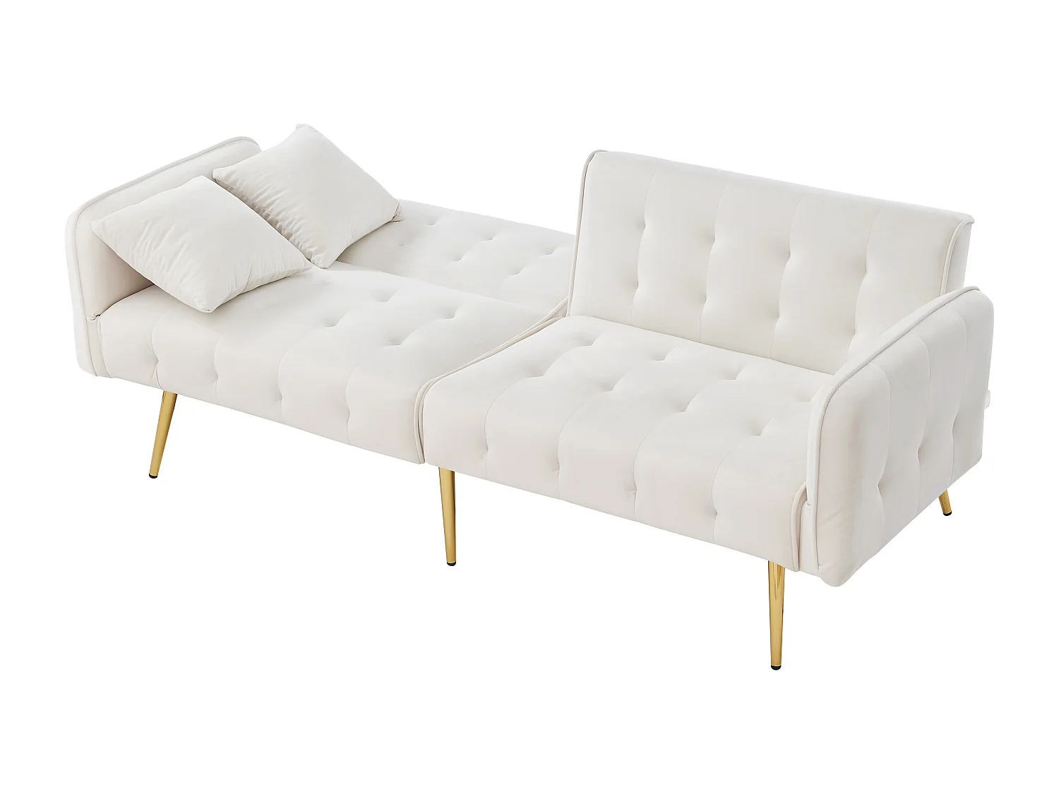 2-zits witte fluwelen bank met verstelbare armleuningen en rugleuning, gouden metalen poten