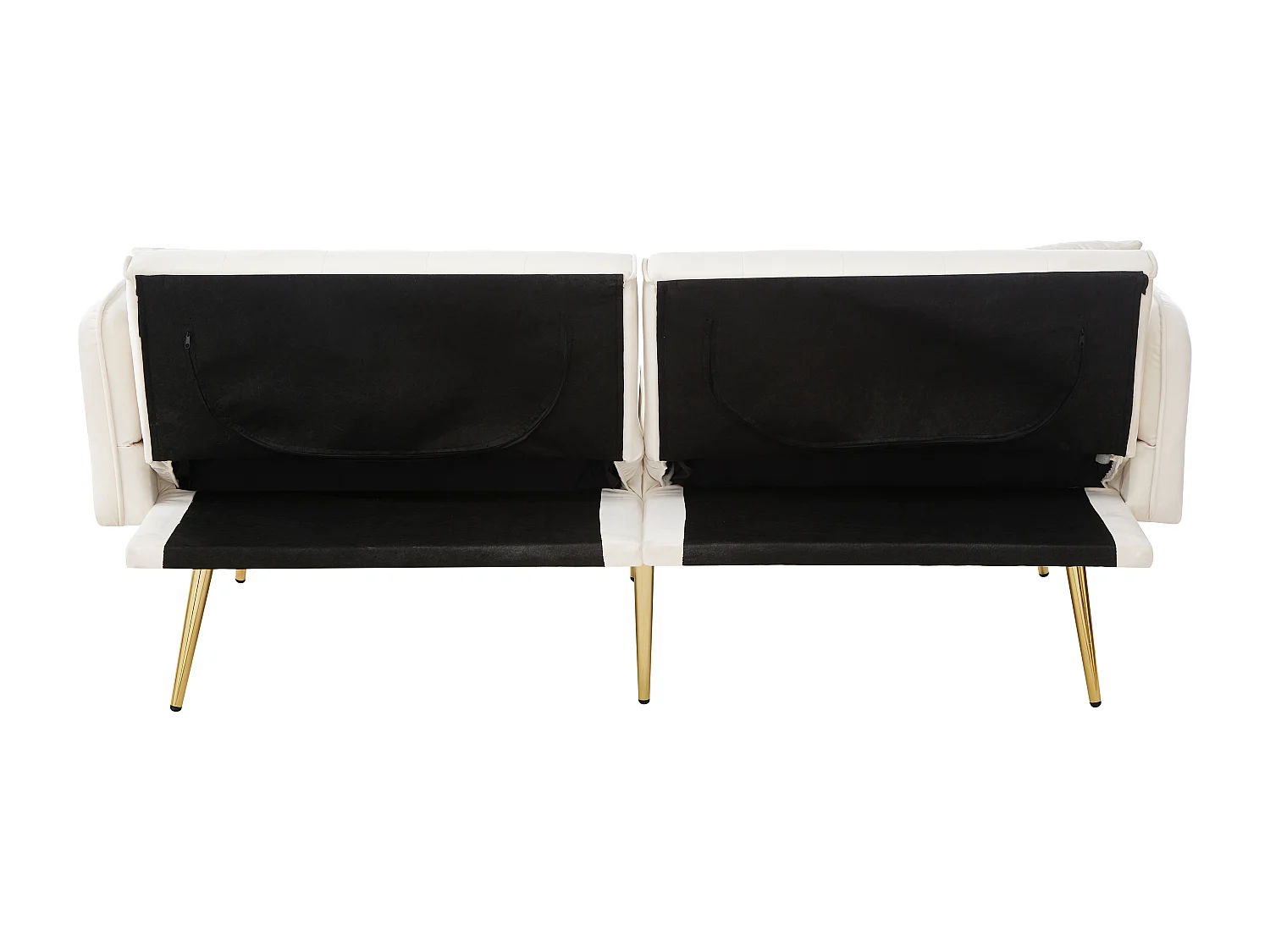 2-zits witte fluwelen bank met verstelbare armleuningen en rugleuning, gouden metalen poten