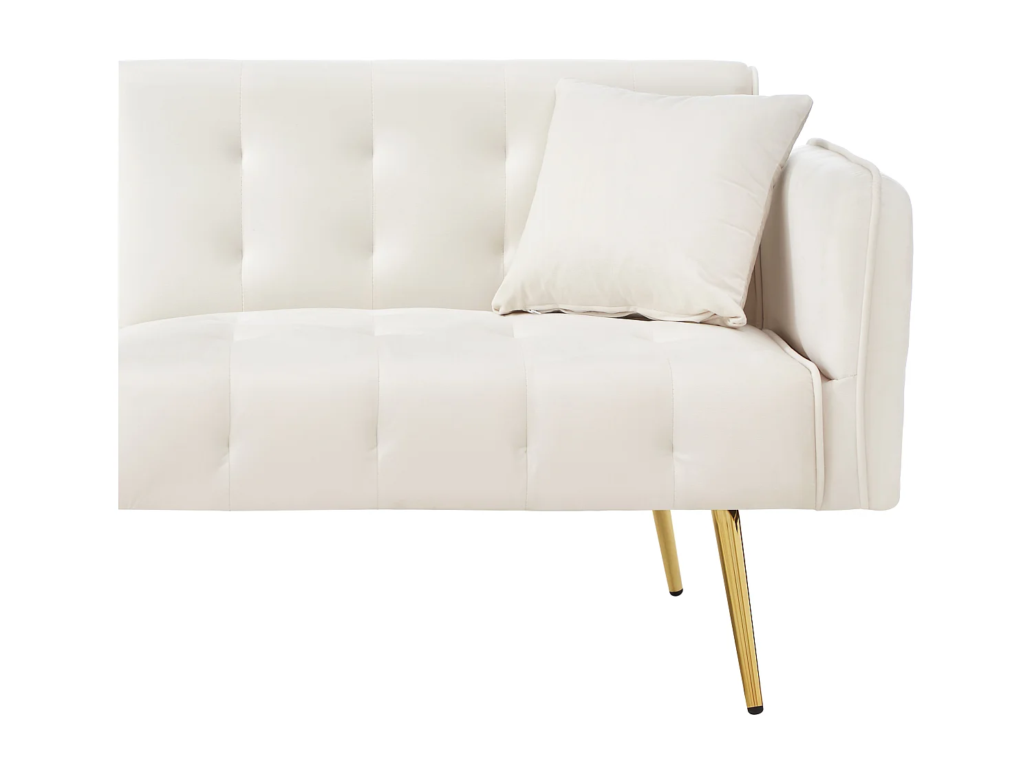 2-zits witte fluwelen bank met verstelbare armleuningen en rugleuning, gouden metalen poten