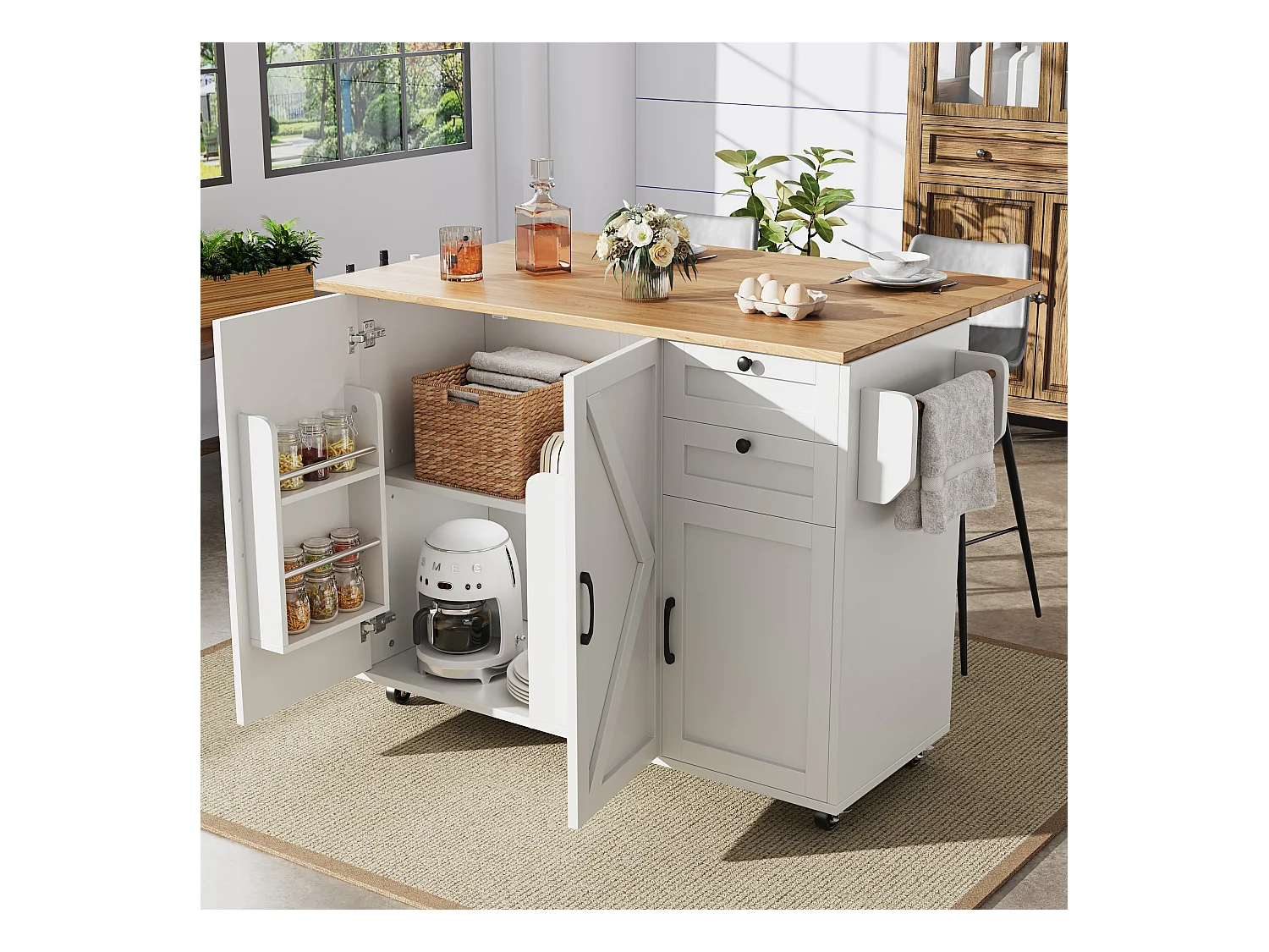 Desserte de cuisine avec plan de travail pliable, 3 portes et 2 tiroirs, blanc - pour salon et salle à manger