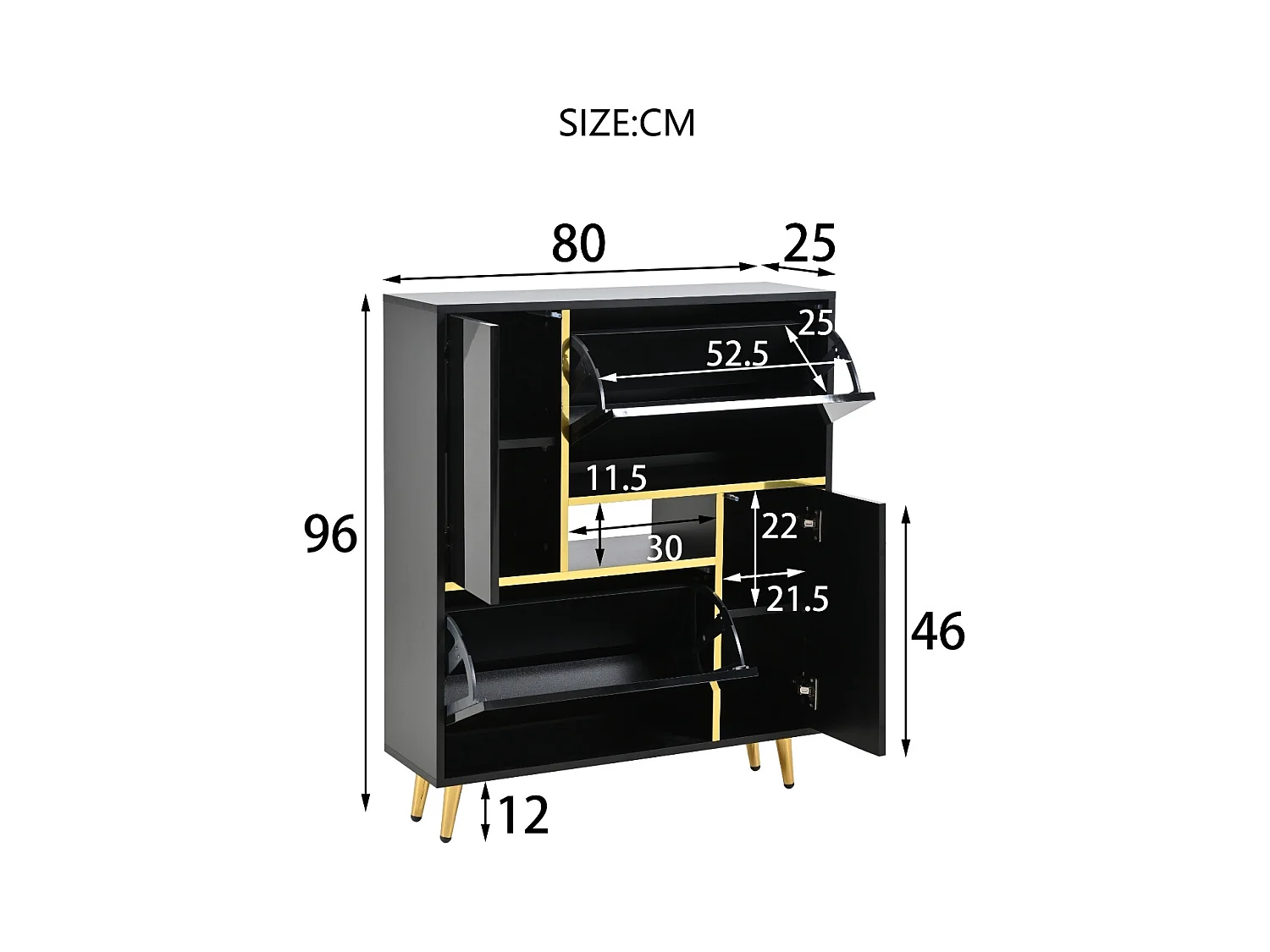 Meuble à chaussures noir avec éclairage LED 16 couleurs et pieds dorés - pour entrée et salon